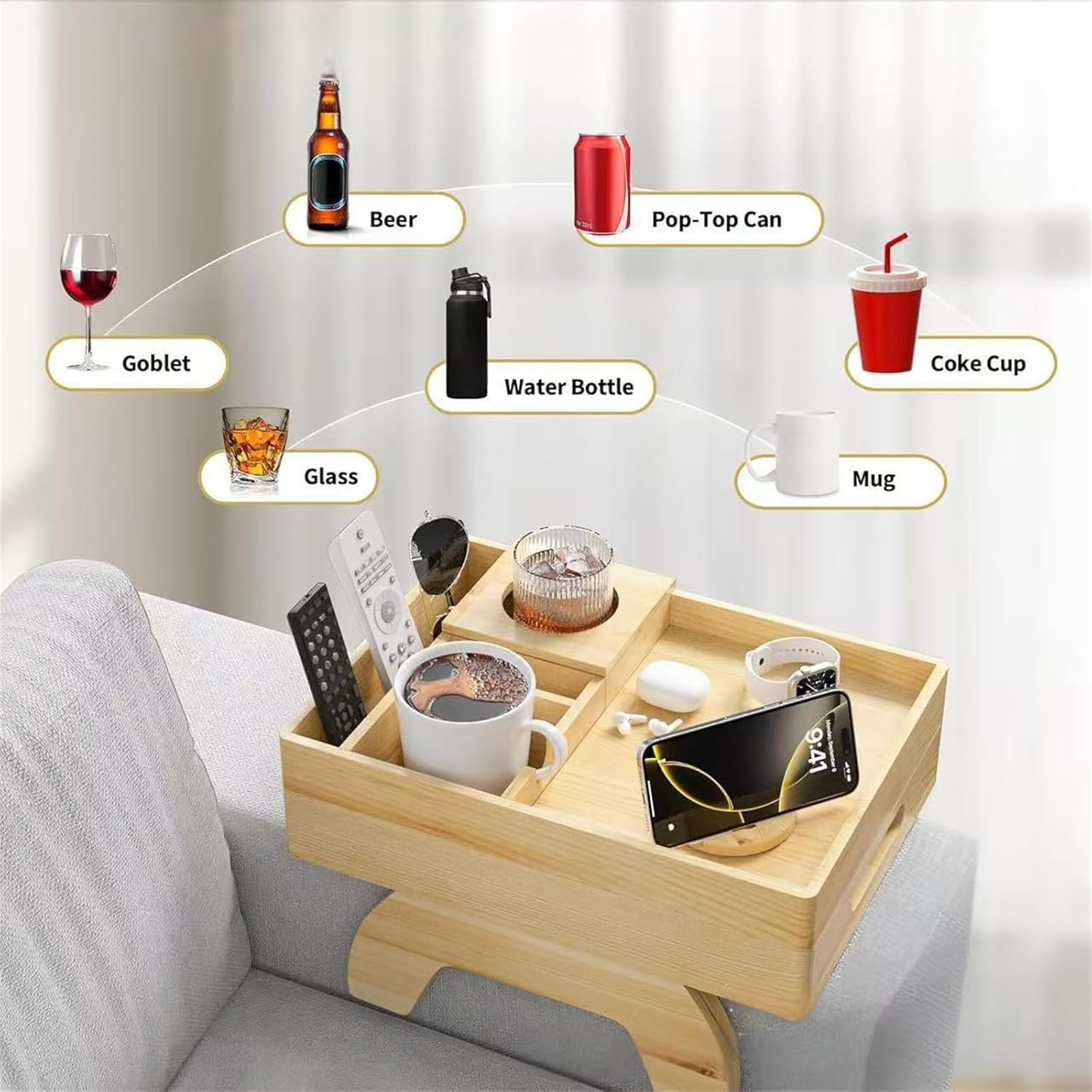 7-in-1 Wooden Couch Cup Holder & Arm Tray, Clip-On Sofa Side Table with 360° Swivel Phone Holder, Perfect for Living Room & Bedroom Organization