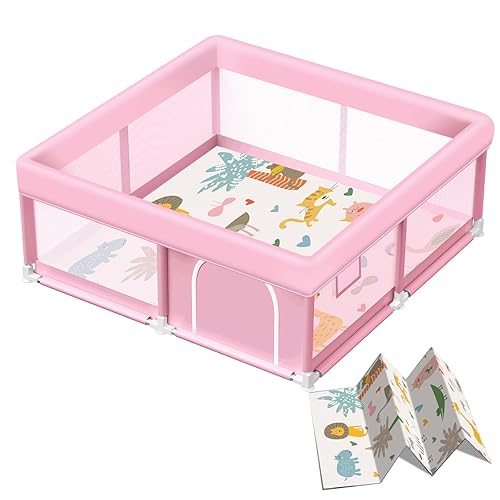 Corralito rosa para bebés con alfombra, corralito de 50 x 50 pulgadas con tapete impermeable para bebés y niños pequeños, corralito para niñas,