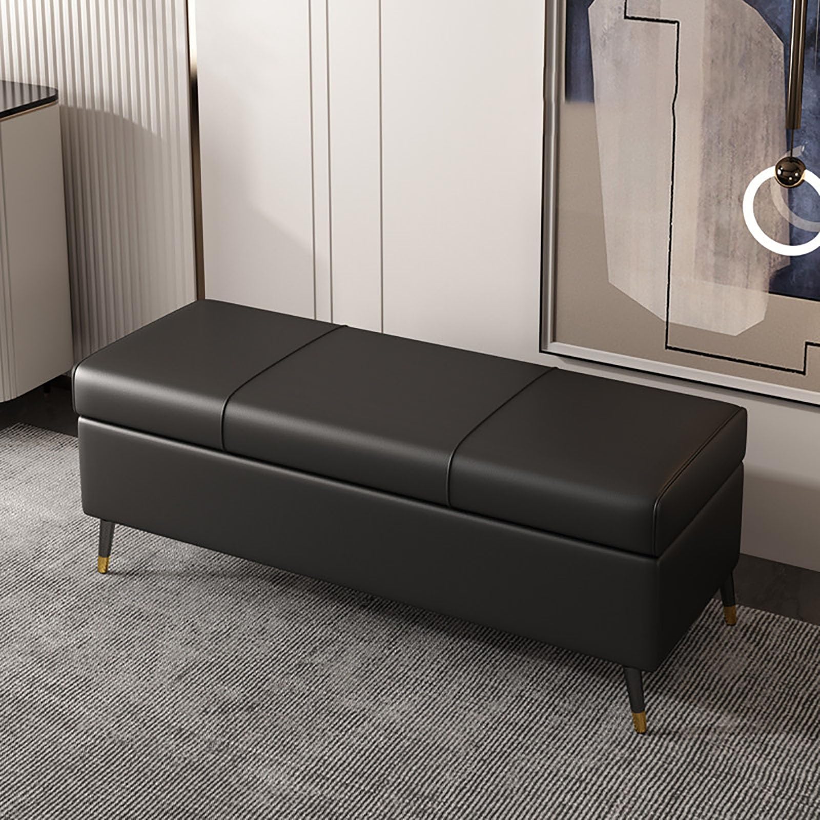 Coffre de rangement bout de lit avec assise rembourrée cuir sans montage