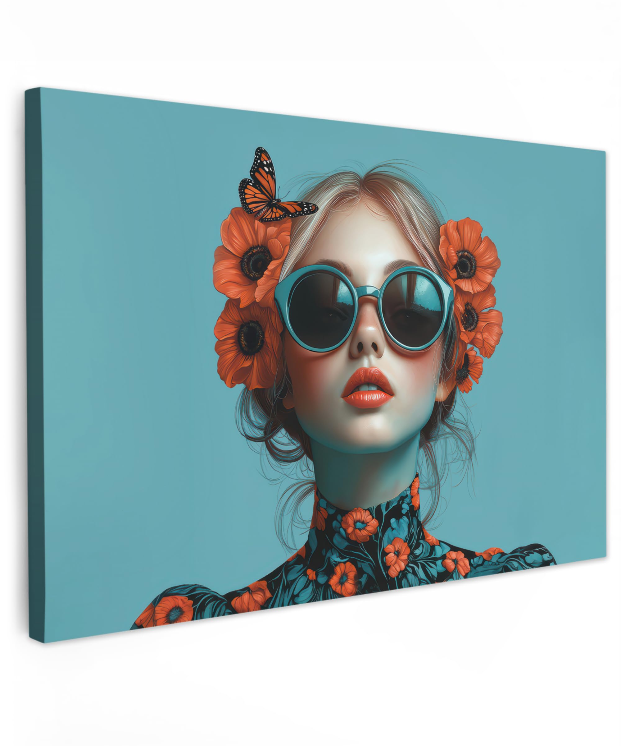 MuchoWow© Bilder 90x60 cm Wohnzimmer Deko Modern Wandbild Kunstdruck auf Leinwand Bild Schlafzimmer über Bett Room Decor Geschenke Frau - Blau - Schmetterling - Blumen - Ästhetisch