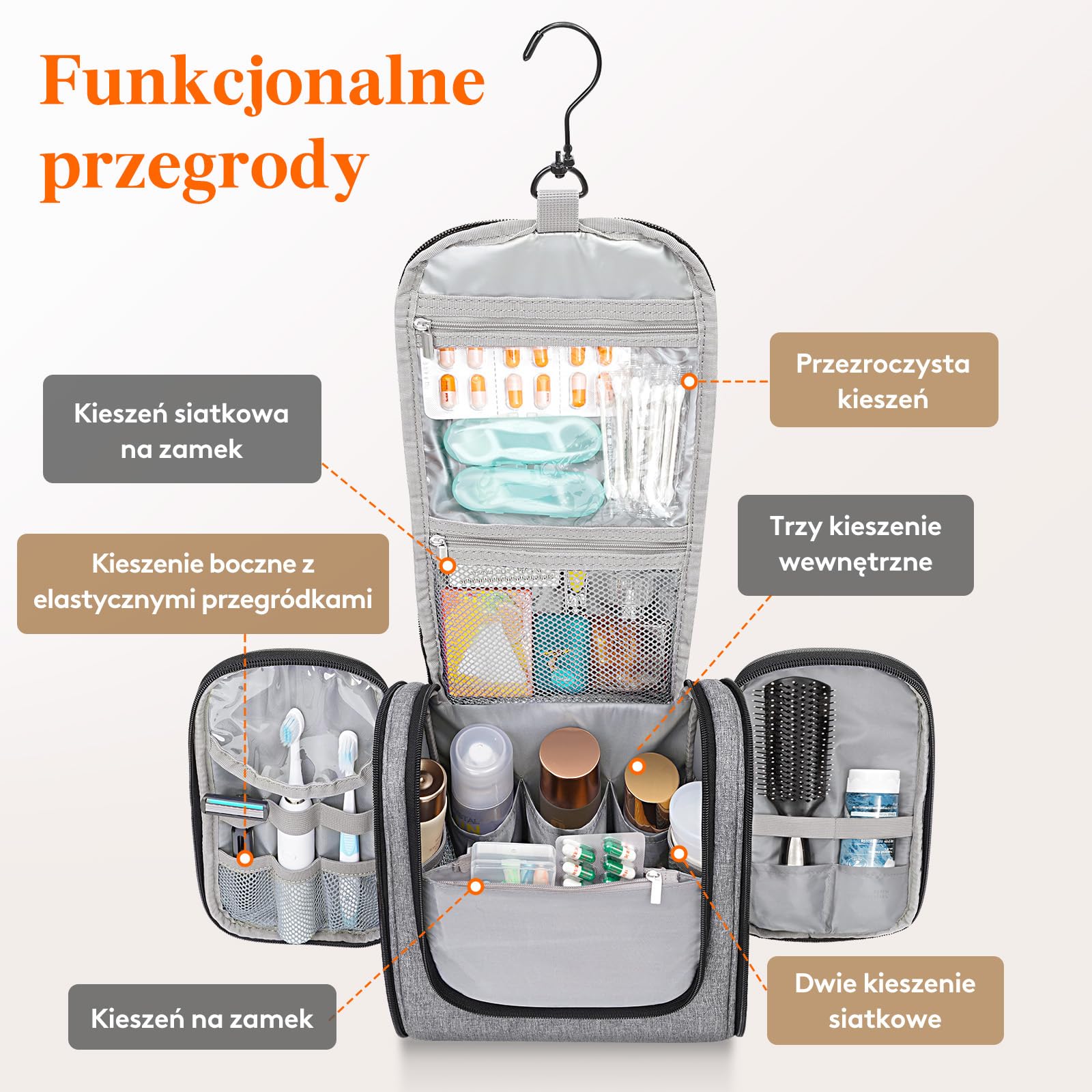 Lifewit Duża wisząca kosmetyczka dla kobiet, szary, 23.0*13.5*27.5CM, Nowoczesny