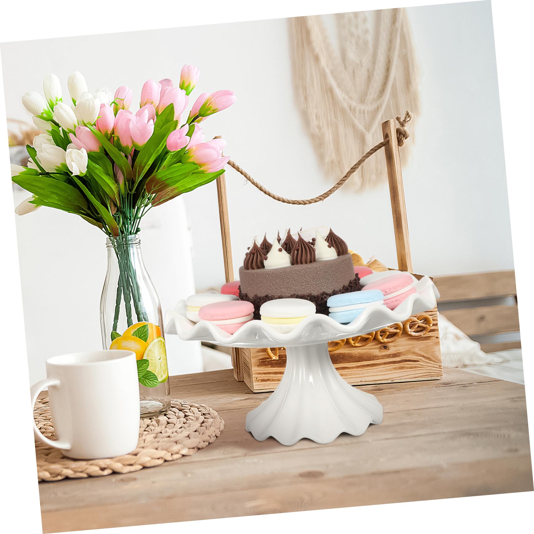Soporte para Tartas de Cerámica white Base Estable y Borde Ondulado, Pedestal Decorativo Adecuado para Exhibir Postres en Bodas y Celebraciones
