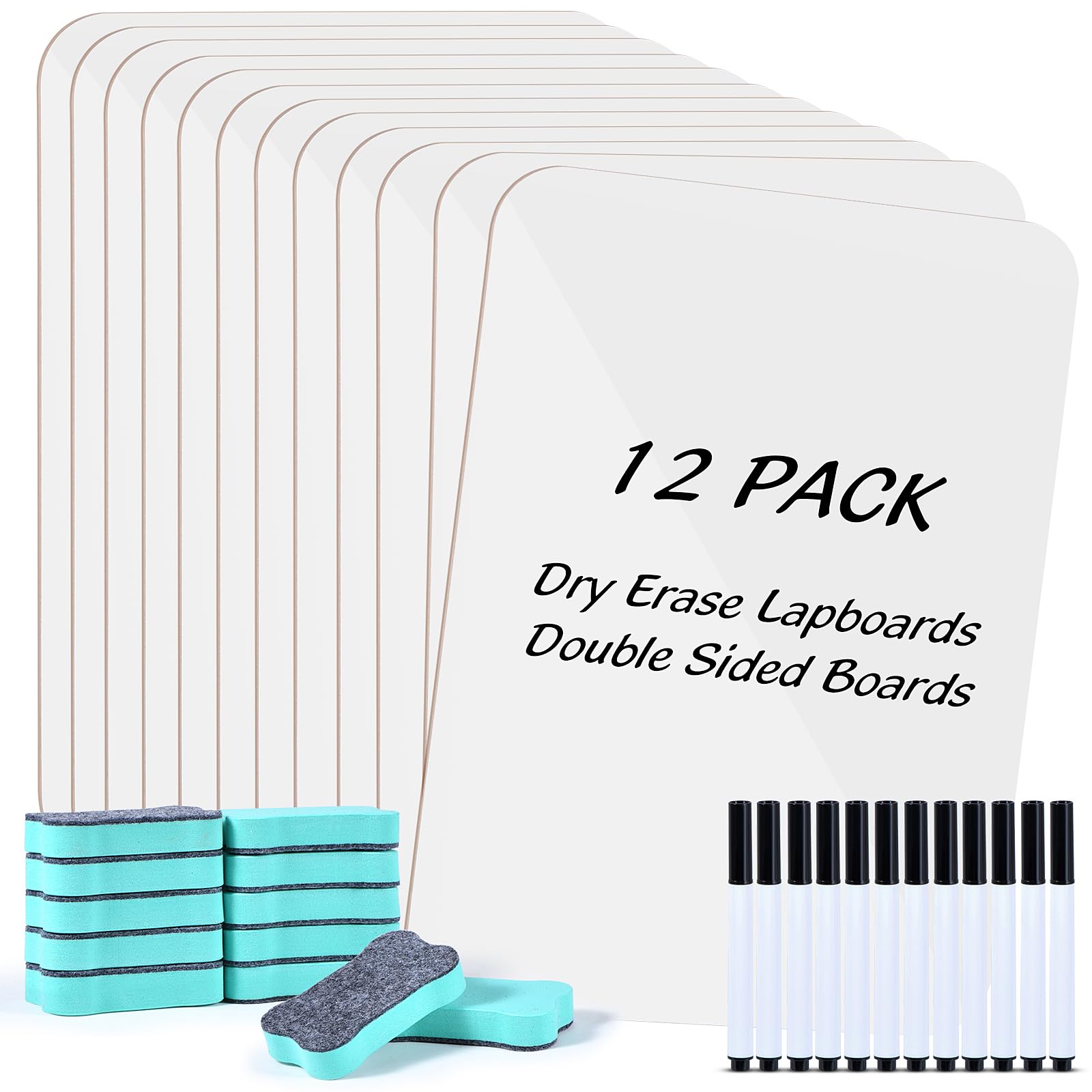 Photo 1 of 12 Pack Small White Board Dry Erase Boards Classroom Teachers Pack Mini White Boards 9" x12” Personal Whiteboards for School Students Supplies Lapboards l 12 Mini Erasers? 12 Makers Included (12)