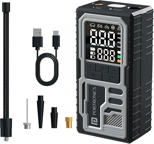 Portronics Vayu 10 Type-C Rechargeable Tyre Inflator, 2 x2000 mAh Batteries, Digital Display, 150 PSI, Preset Modes, Flash