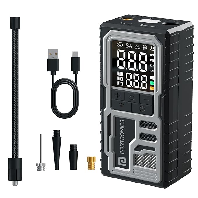 Portronics Vayu 10 Type-C Rechargeable Tyre Inflator, 2 x2000 mAh Batteries, Digital Display, 150 PSI, Preset Modes, Flashlight with SOS, Pressure Detection, for Cars, Bikes, Bicycles & Sport Balls