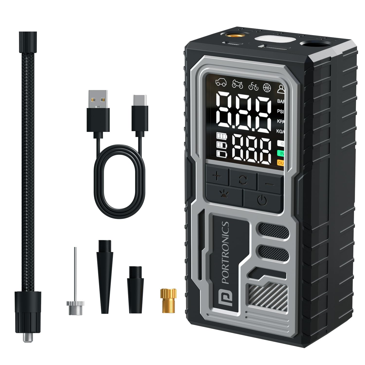 Portronics Vayu 10 Type-C Rechargeable Tyre Inflator, 2 x2000 mAh Batteries, Digital Display, 150 PSI, Preset Modes, Flashlight with SOS, Pressure Detection, for Cars, Bikes, Bicycles & Sport Balls-image-36
