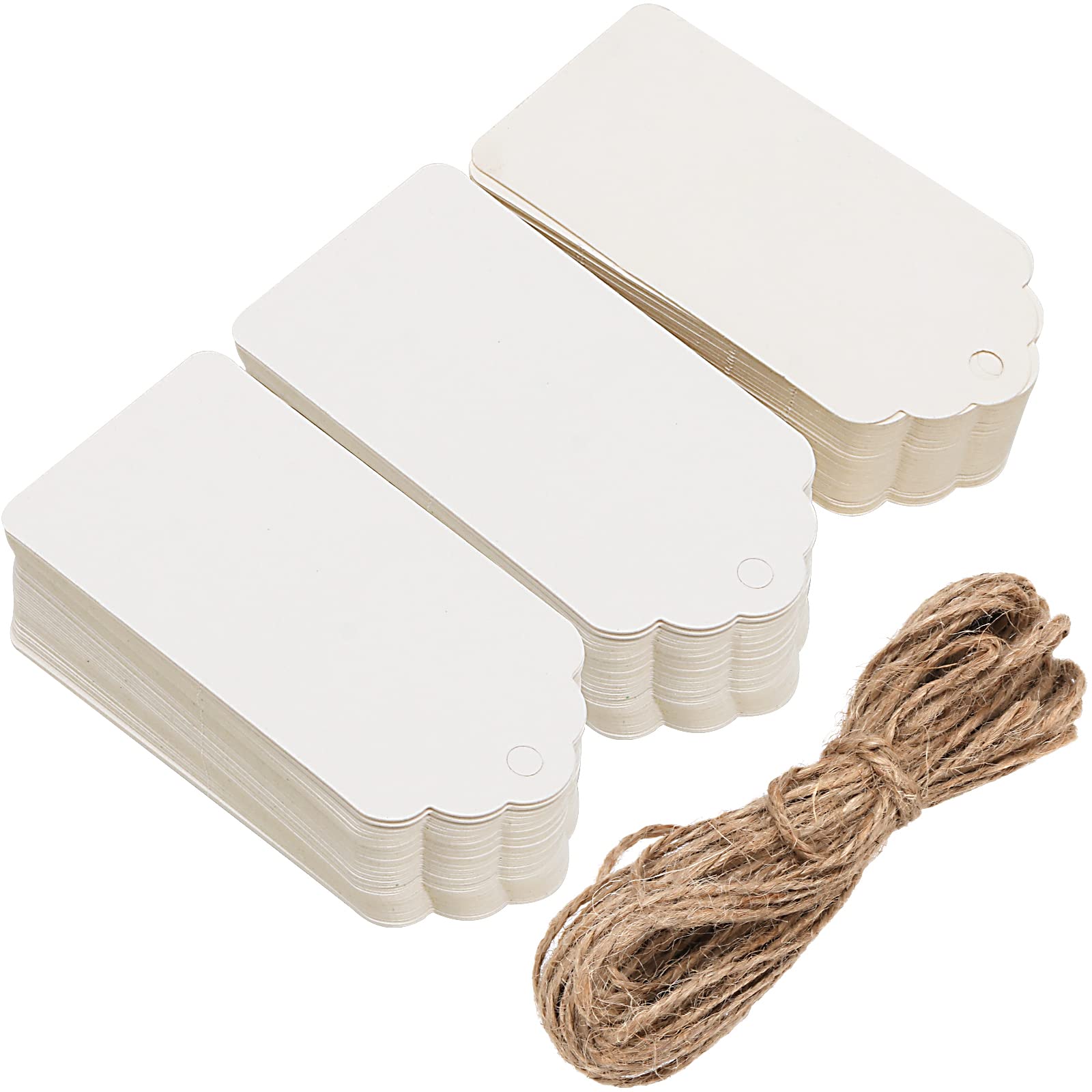 MUKCHAP 300 PCS 9x4.5cm White Paper Gift Tags, Marking String Tags, White Kraft Paper Tags with 30m Jute Twine, Blank Labels for Wedding, Birthday, Crafts