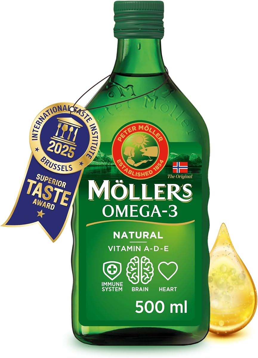 Möller's Omega 3 Lebertran | Nahrungsergänzung mit EPA, DHA, Vit A, D und E | Hochreiner natürlicher | 165 Jahre alte Marke | Superior Taste Award | Neutraler Geschmack | 500 ML