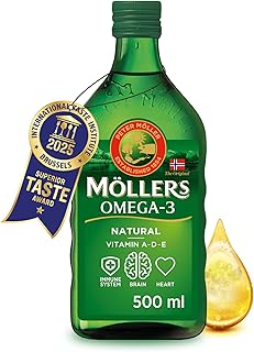 Moller’s ® | Huile de foie de morue oméga 3 | Compléments alimentaires oméga-3 avec EPA, DHA, vitamines A, D et E | Prix Superior Taste | Marque vieille de 166 ans | Neutre | 500 ml