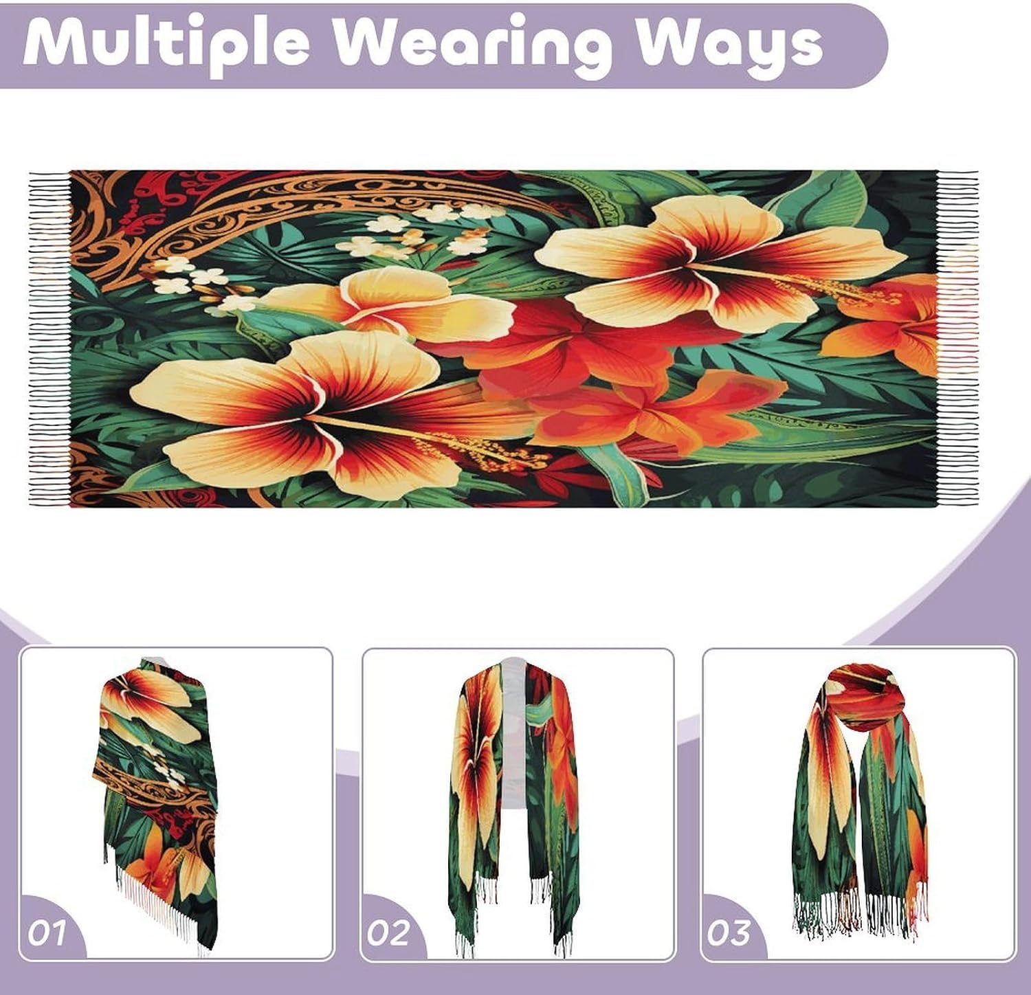 Hawaiian Style Print Pattern Winter Scarf for Women Soft Tassel Scarves Oversized Wraps Long Shawl Cold Weather Thick Blanket Scarfs