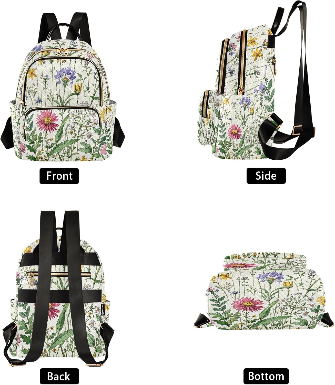 Quilted Backpack for Women Diverse Floral Pattern Carry-On 14 Inch Laptop Backpack