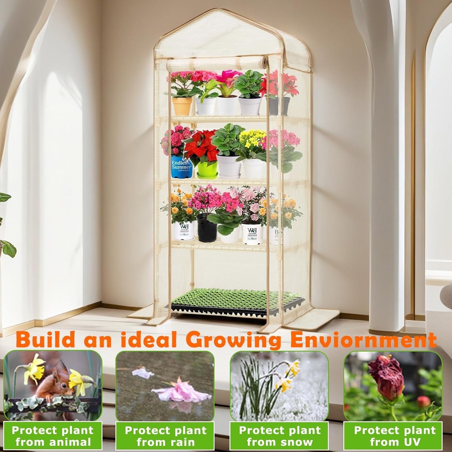 Mini Greenhouse for Indoor Outdoor 4 Tier 27.2" L×19.9" W×61.8" H Portable Greenhouse Durable PE Cover for Seedling, Double-Layer Roof Design Ideal Gardening Gifts for Women Men(PLGH704G-N)