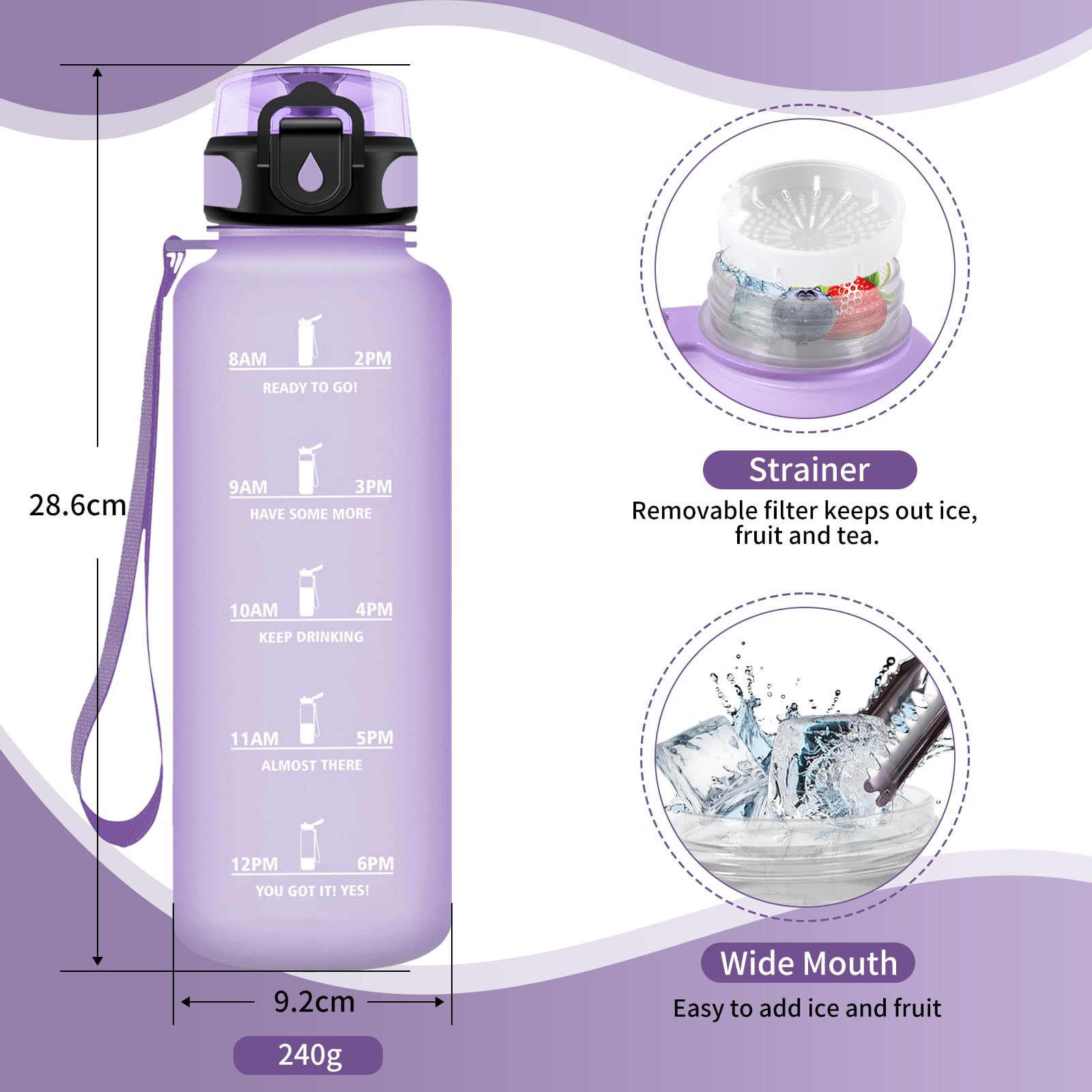 Borraccia Sportiva 1,5L Con Filtro E Indicatore Del Tempo – A Prova Di Perdite, Apertura Monomano, Per Palestra, Campeggio, Viaggio E Ufficio