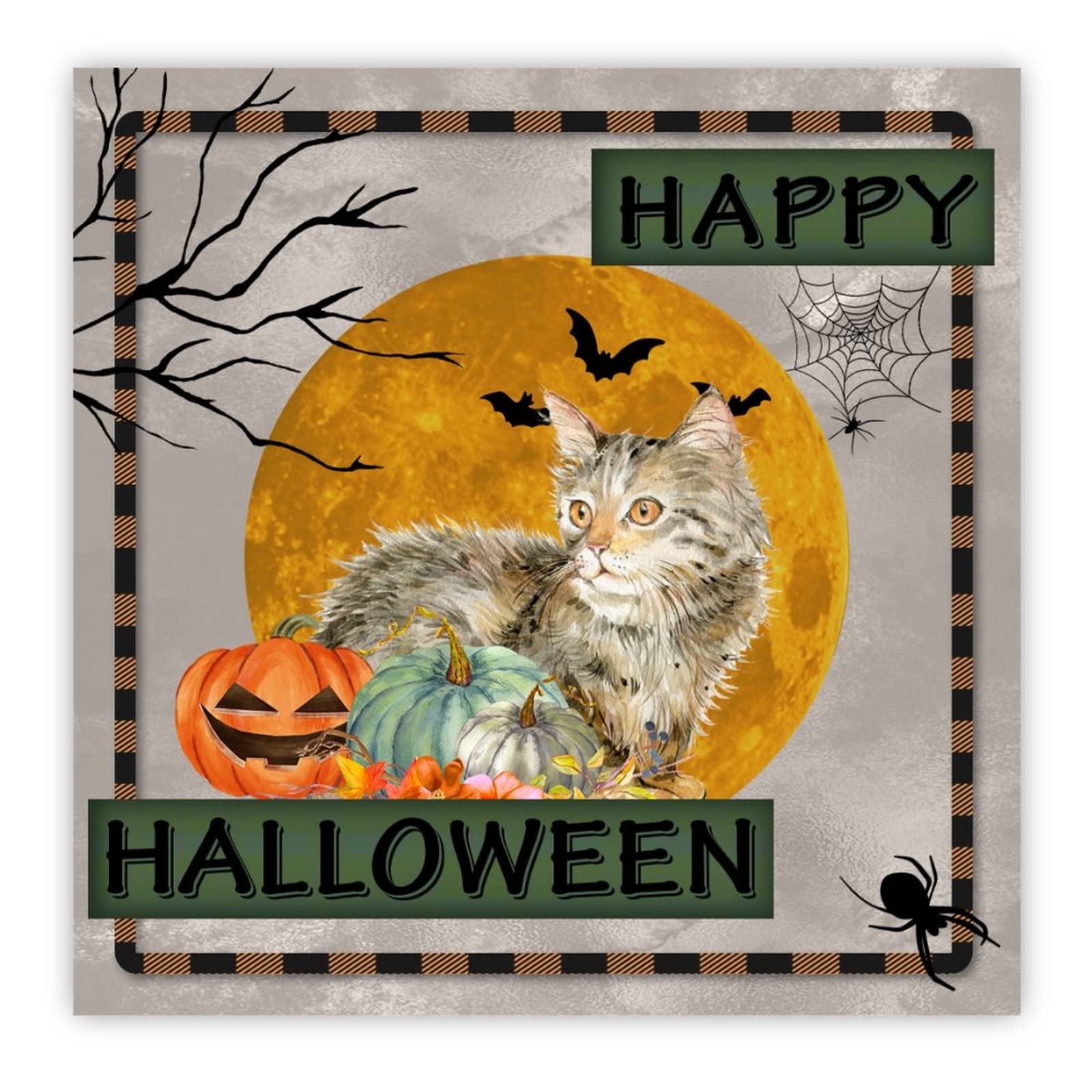 Panneau mural bois citrouille Halloween chat finition rustique