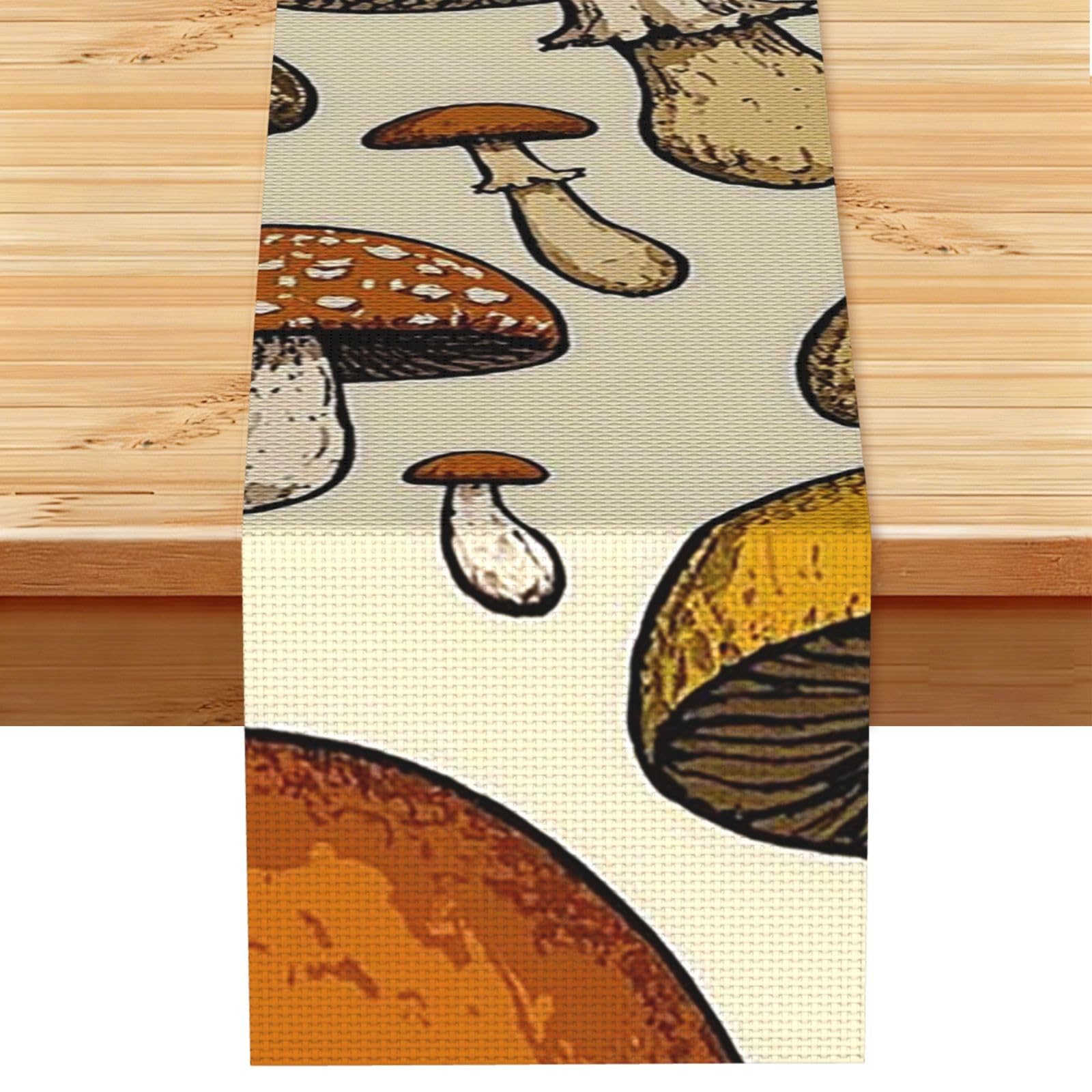 Funny Mushrooms Table Runner 13 x 72 Inches Long, Cotton Linen Table Runners for Kitchen Dining Table Decoration - Washable Tablecloth Modern Tablerunner for Home Party Decor