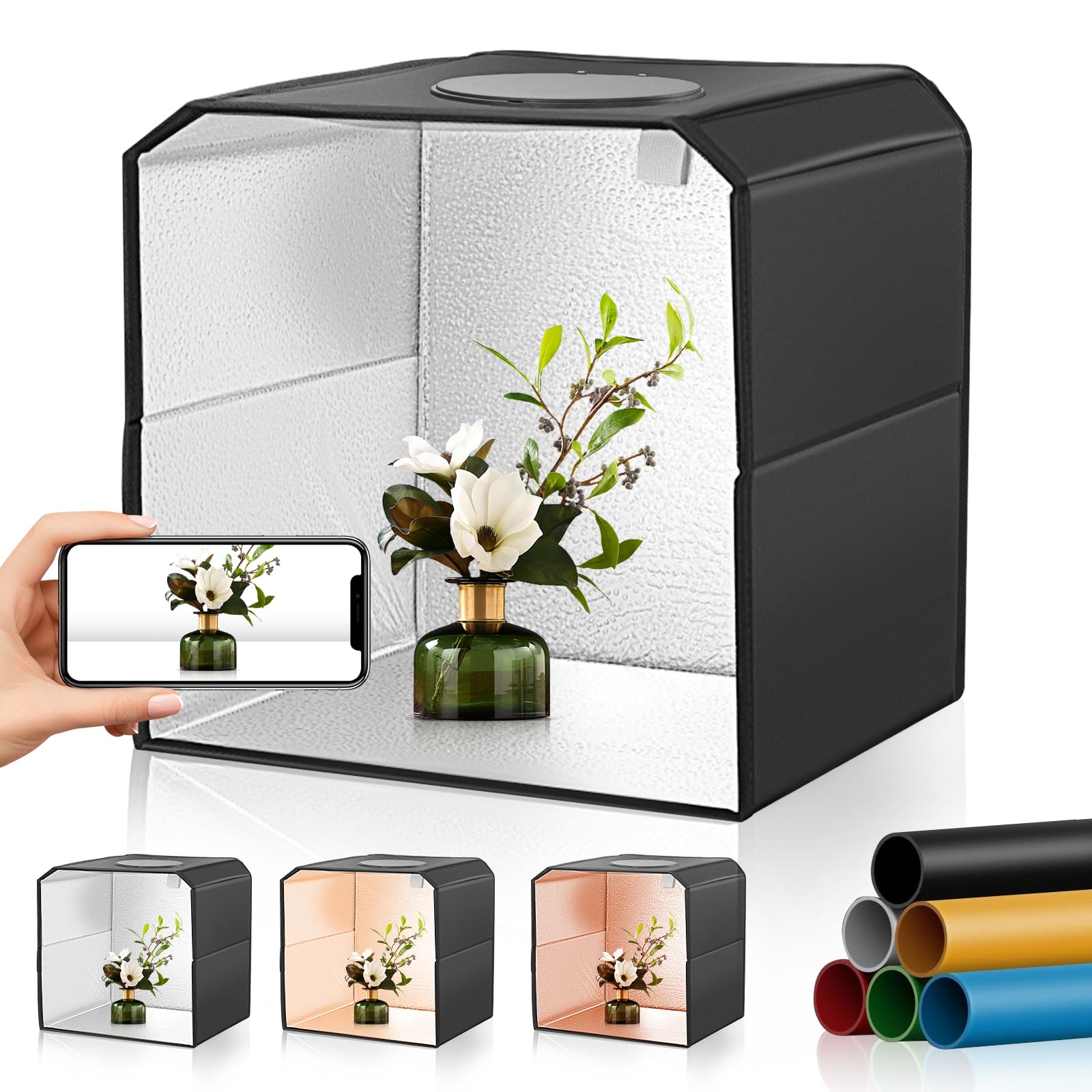 Soonpho Light Tent Photo Box,Photo Studio Foldable Photo Box Photography Light Tent Kit con luminanza 26lm,64 luci LED dimmerabili,3000K-6500K,6 sfondi colorati per piccoli prodotti (25x25x25 cm)