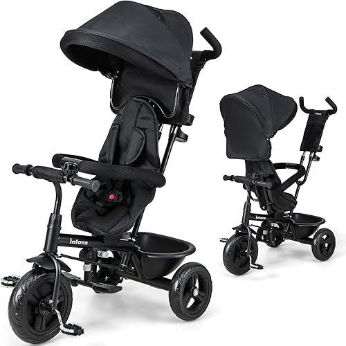 INFANS Triciclo para niños, triciclo para bebés 6 en 1 con asiento reversible, mango de empuje ajustable, dirección de control, toldo extraíble,