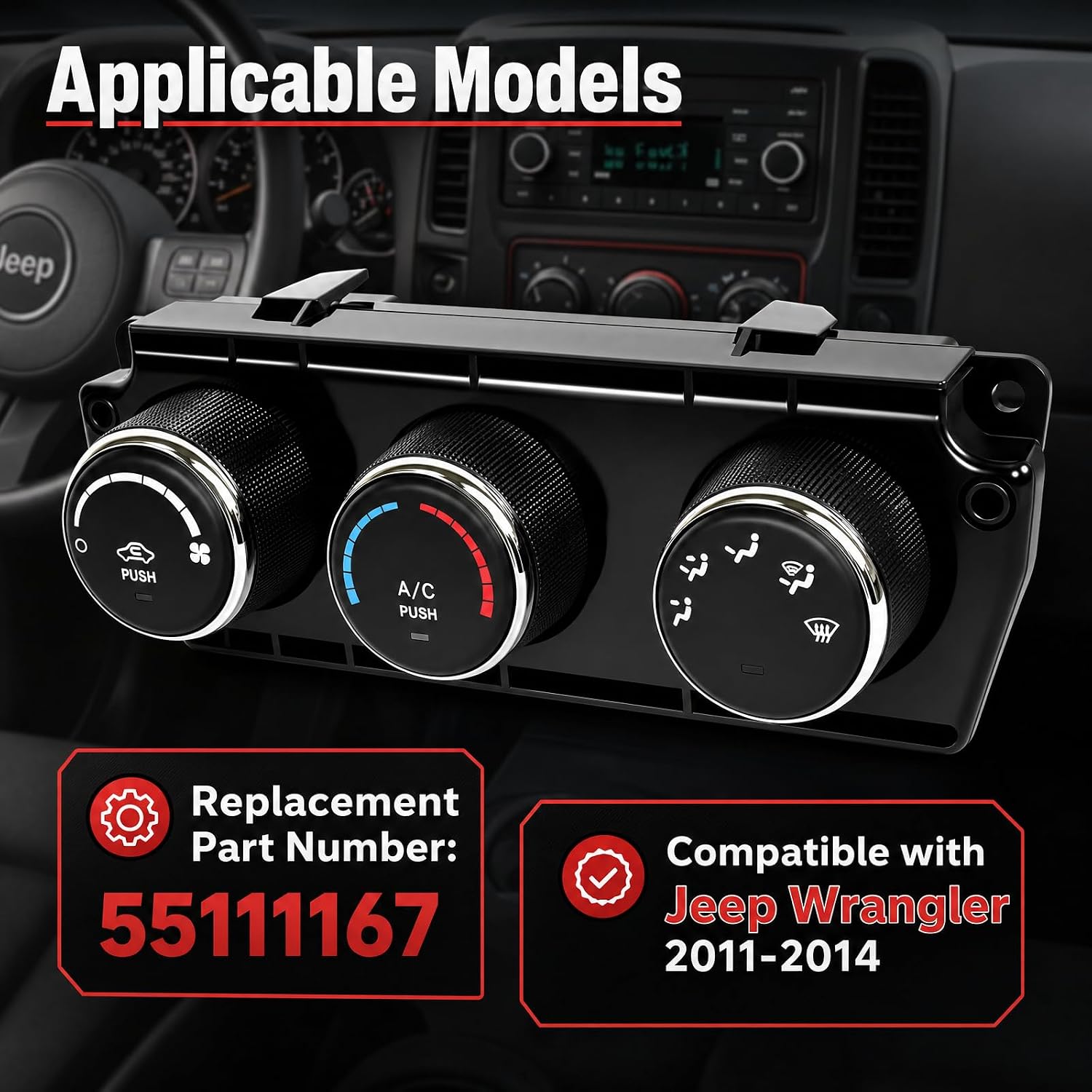A/C Heater Control Unit Compatible with Jeep Wrangler 2011-2014 | Replace 55111167 | Air Conditioning Control Panel with Knobs | Climate Control Module
