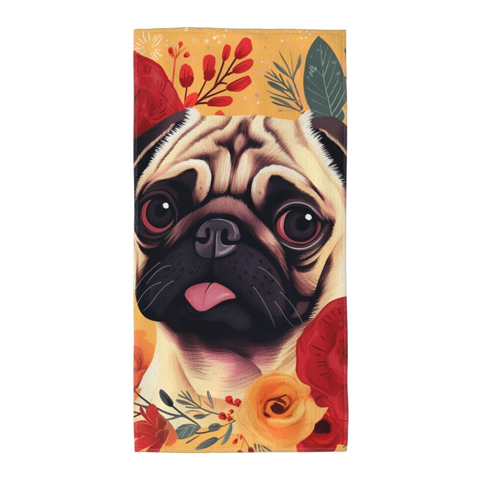 FekiLoot Absorbent Hand Towels 13.8"X27.5" Decorative Bathroom Towel Soft Microfiber Face Towel Pug Flower Dish Kitchen Towels for Bathroom Kitchen Hotel Spa Bath Towels