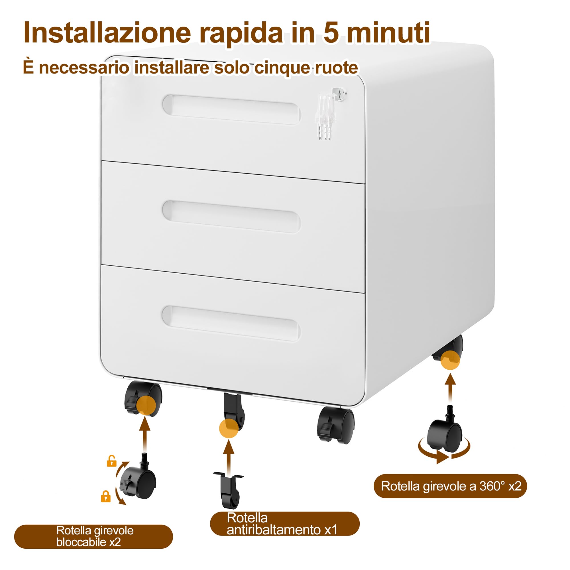 Cassettiera Scrivania Mobile, Cassettiera con Serratura, 4 Chiavi, 3 Cassetti, in Acciaio, Angoli Arrotondati, Preassemblato, 46P x 40l x 50H cm, Bianco