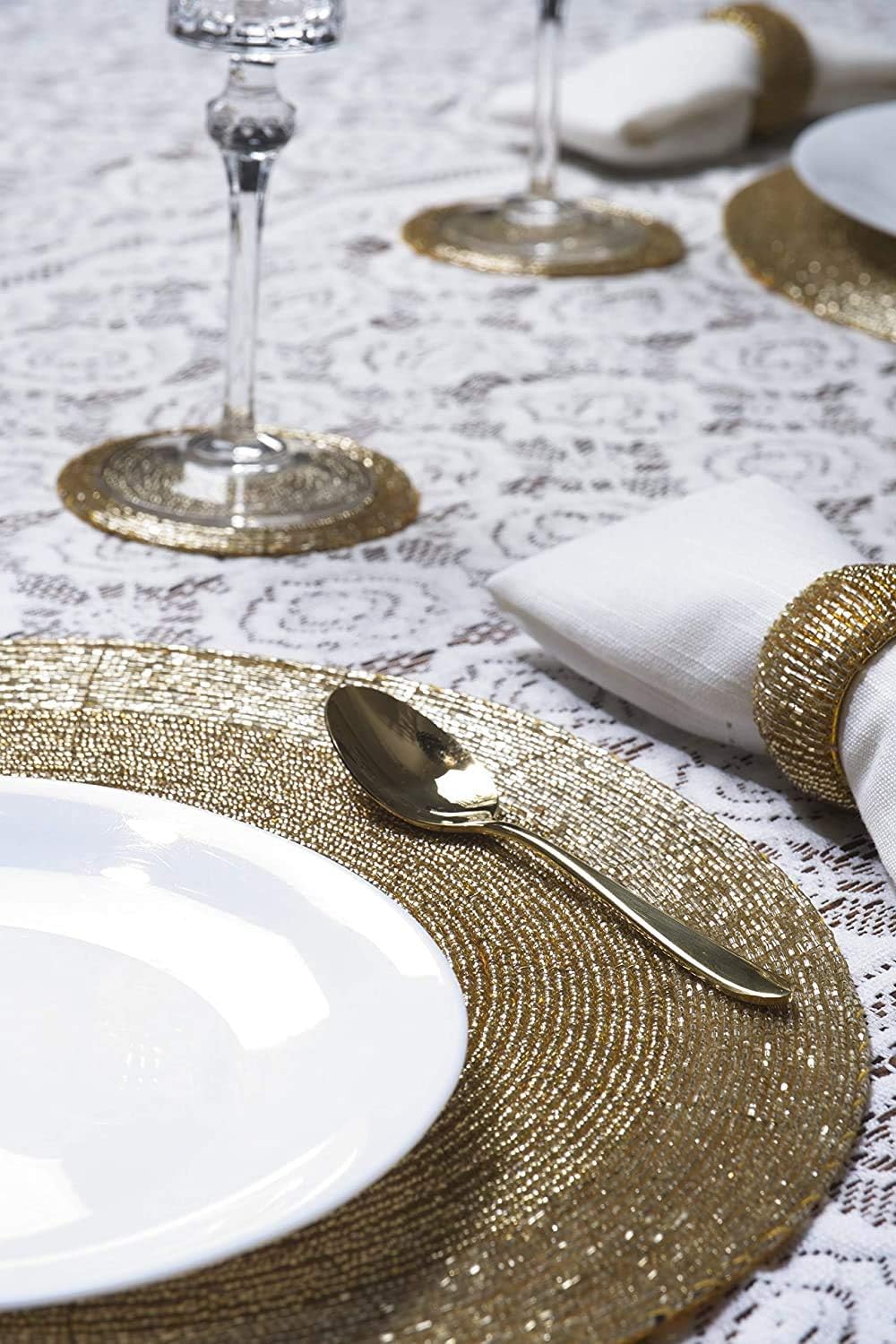 Penguin Home Handcrafted Glass Beaded Round Placemats, Coasters & Napkin Rings Set of 12 - Image 5