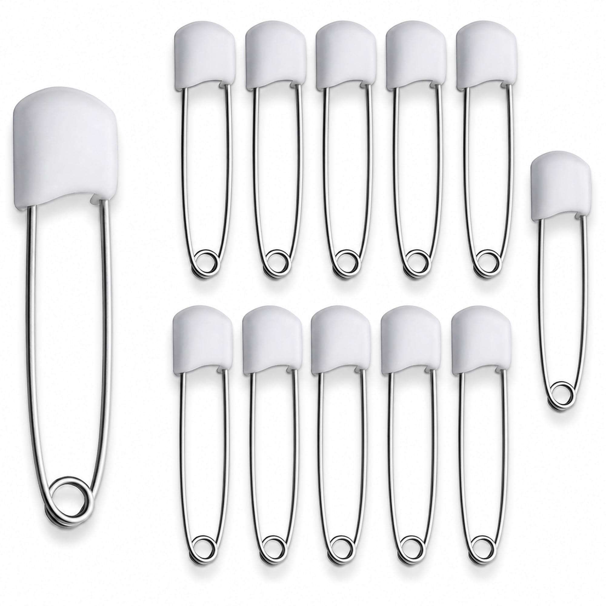 12 Baby Nappy Safety Pins, 2.2 Inch Diaper Plastic Push-in Pins, 55mm Durable Head Fasteners With Safety Lock Closures, Stainless Steel, Ideal for Terry Squares, Flat and Prefold Nappies (12 Pack)