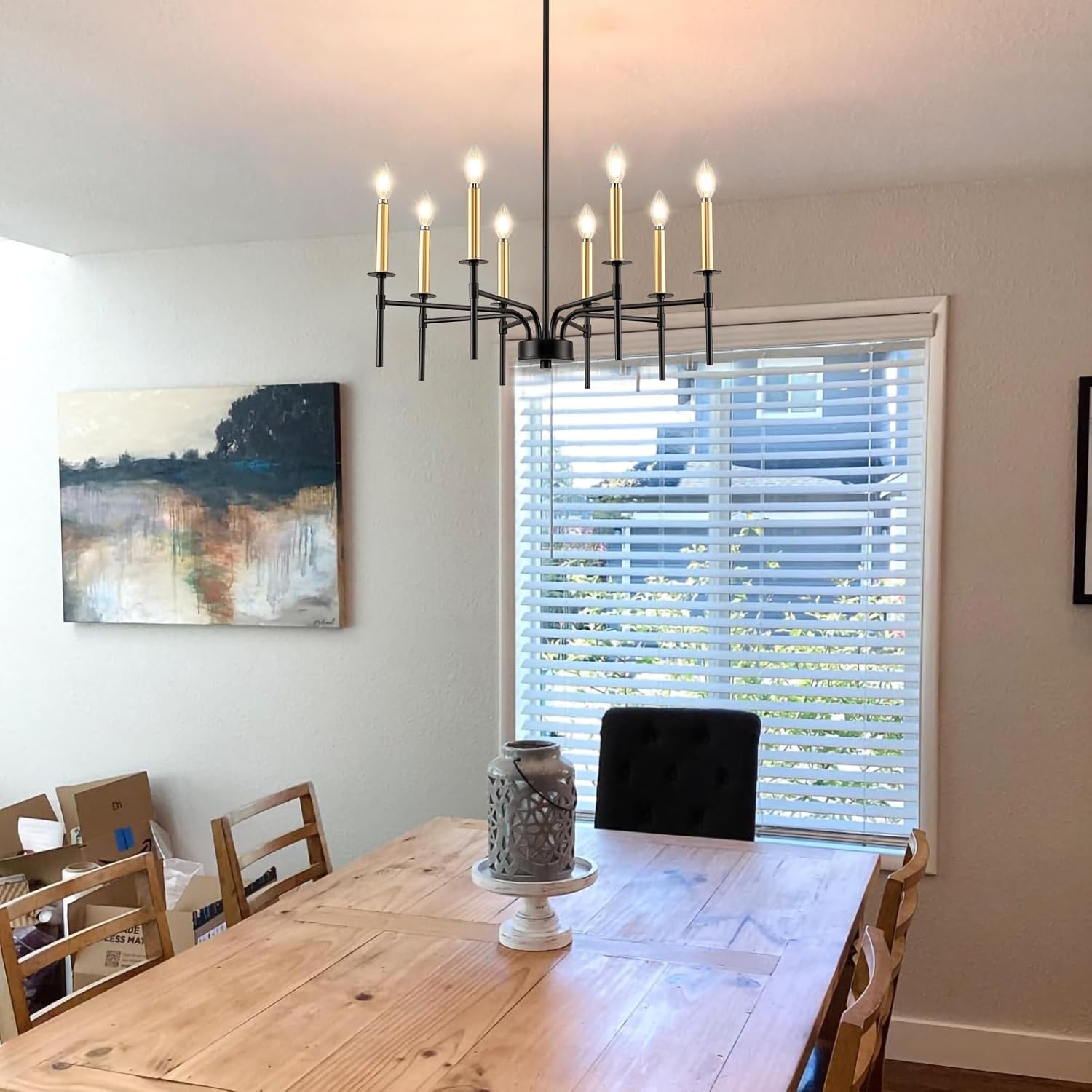Modern Dining Room Light Fixture 8-Light, Black and Gold Farmhouse Chandelier, Metal Candle Chandeliers for Dining Room, Kitchen, Living Room, Bedroom, Foyer, Staircase, Entryway