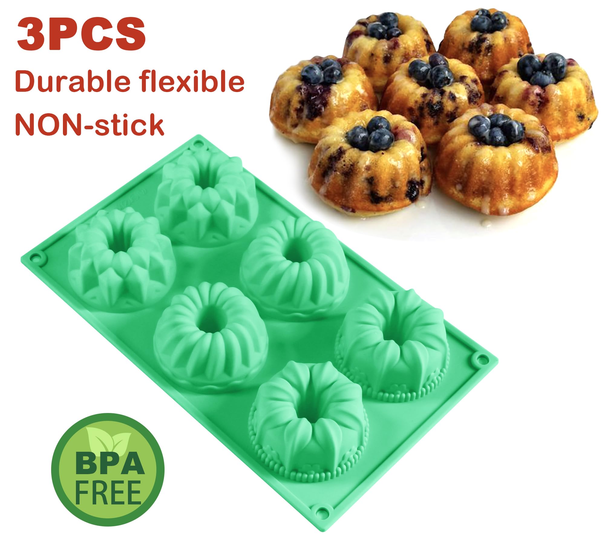 Zorazio 3 moldes de silicona para pasteles, mini molde antiadherente para hornear cupcakes, pan de maíz, brownie, gelatina, tubo estriado de 6 cavidades (mezcla)