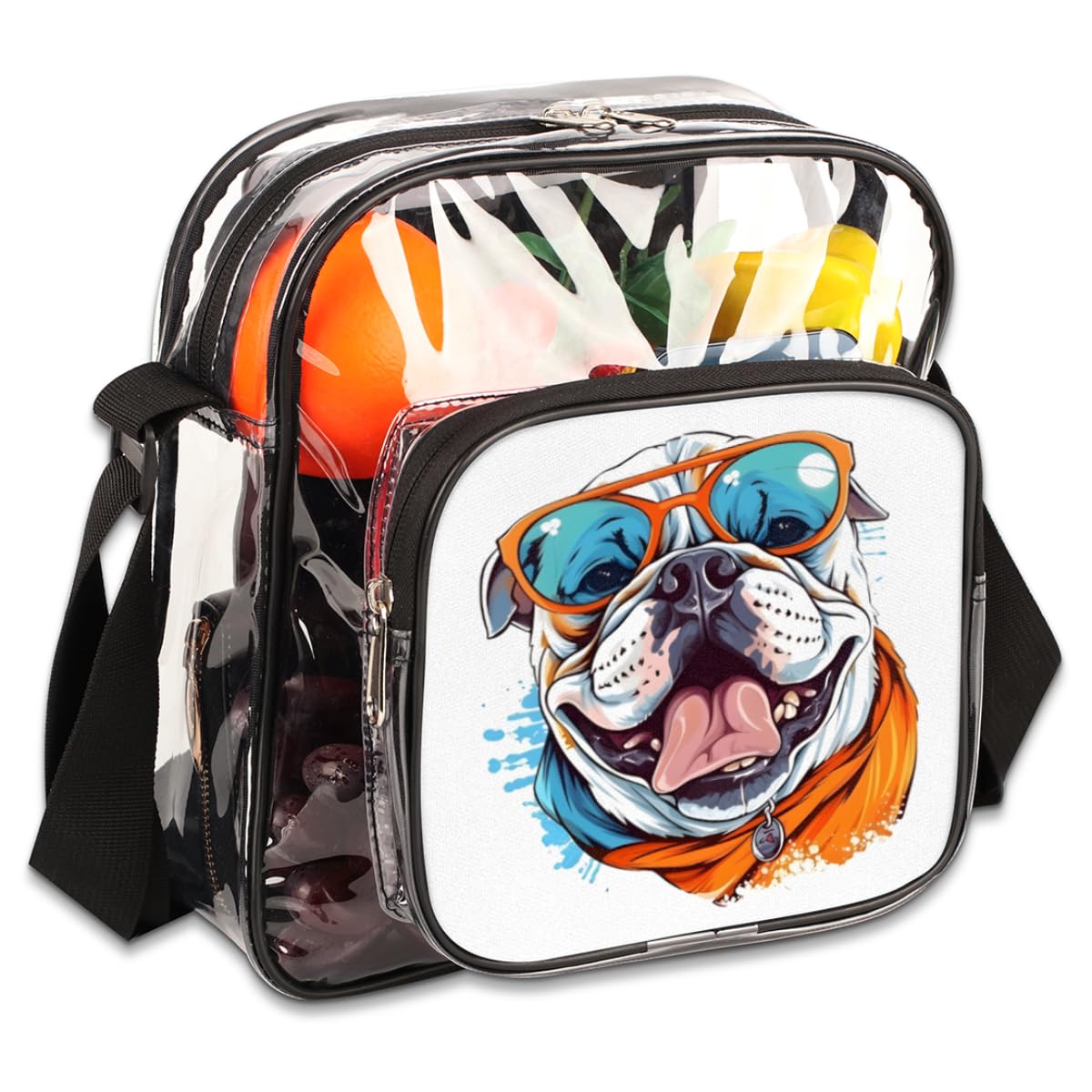 GzLeyigou Clear Crossbody Bag Stadium Approved Cool Glass Dog Transparent Bag for Festivals, Sports Events, Concerts,Beach Bag for Women Men Bulldog Clear Purse with Front Pocket Messenger Bag