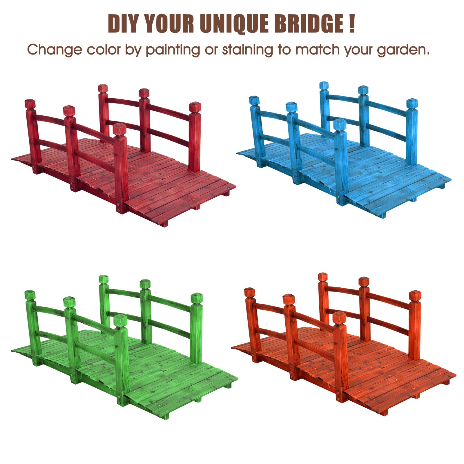 SOARS Holzbrücke mit Geländer, Gartenbrücke aus Fichtenholz, stabile Teichbrücke bis 100 kg belastbar, 150 x 67 x 55 cm, Zierbrücke begehbar, Dekobrücke für Garten, Teich & Bach
