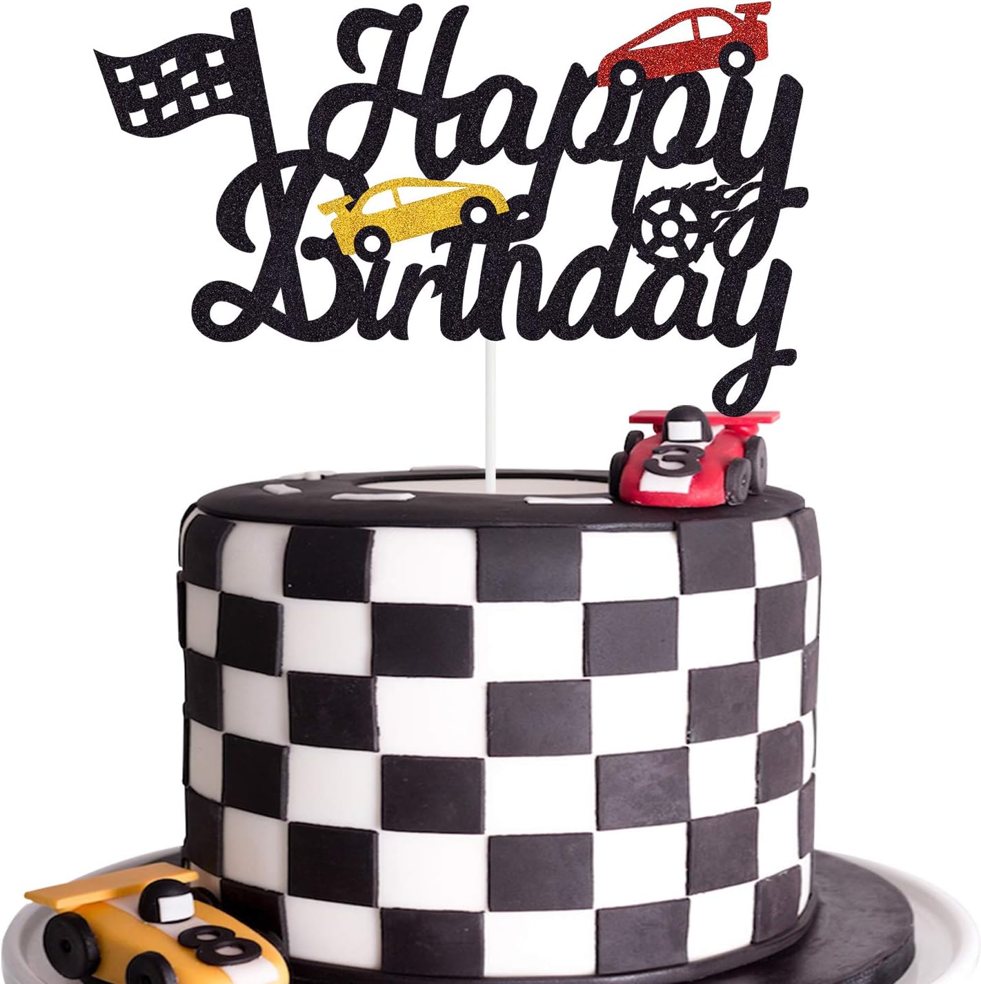 MarweyRace Car Birthday Cake Topper Happy Birthday Cake Decor Chequered Flag Themed Party Supplies Decorations(Doubled-Sided)