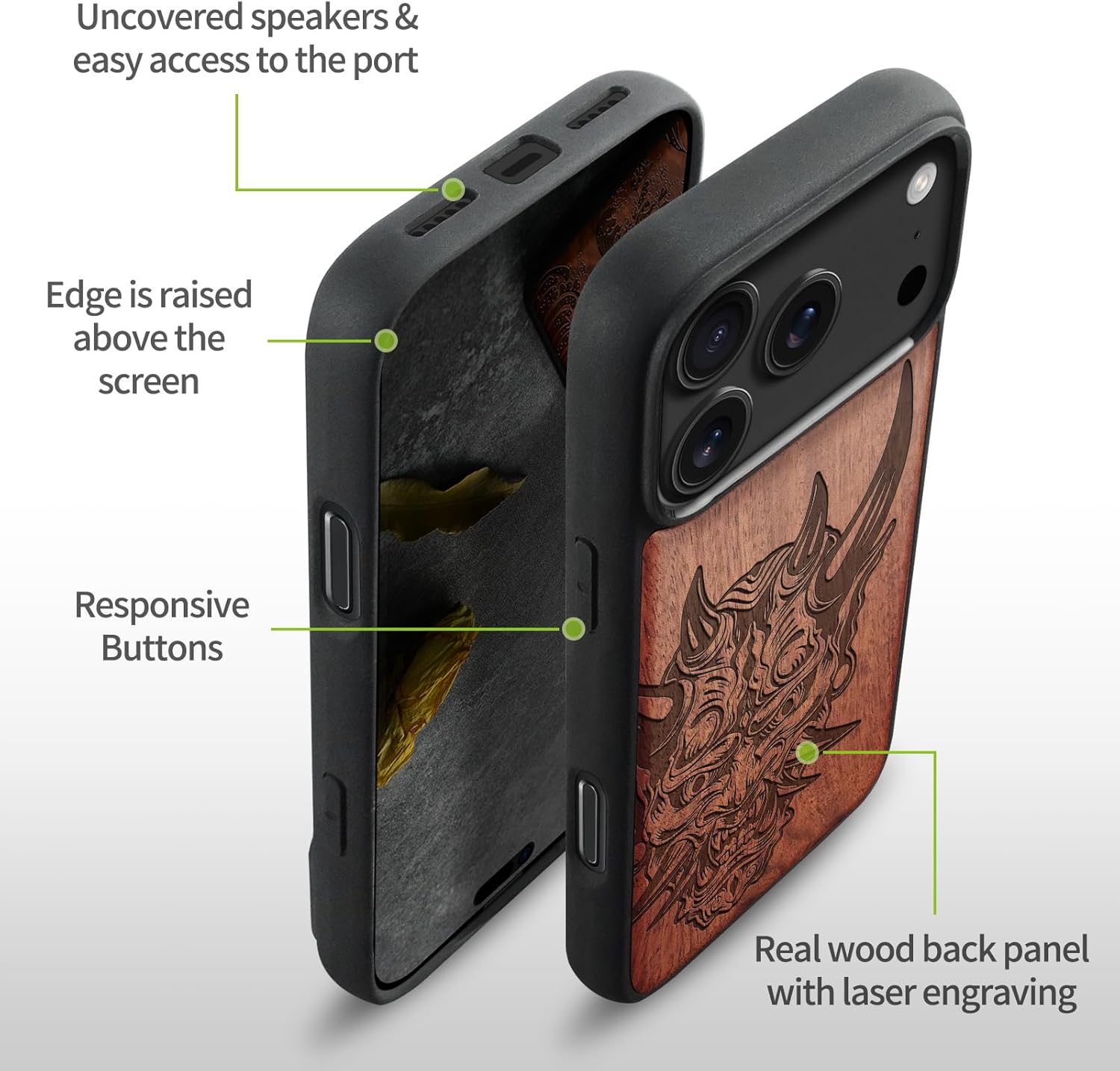 Carveit Magnetic Wooden Case for iPhone 17 Pro Case, Wood Artisan Engraved & Black Soft TPU Shockproof Cover, Compatible with MagSafe Wireless Chargers (Japanese Oni Mask) Rosy