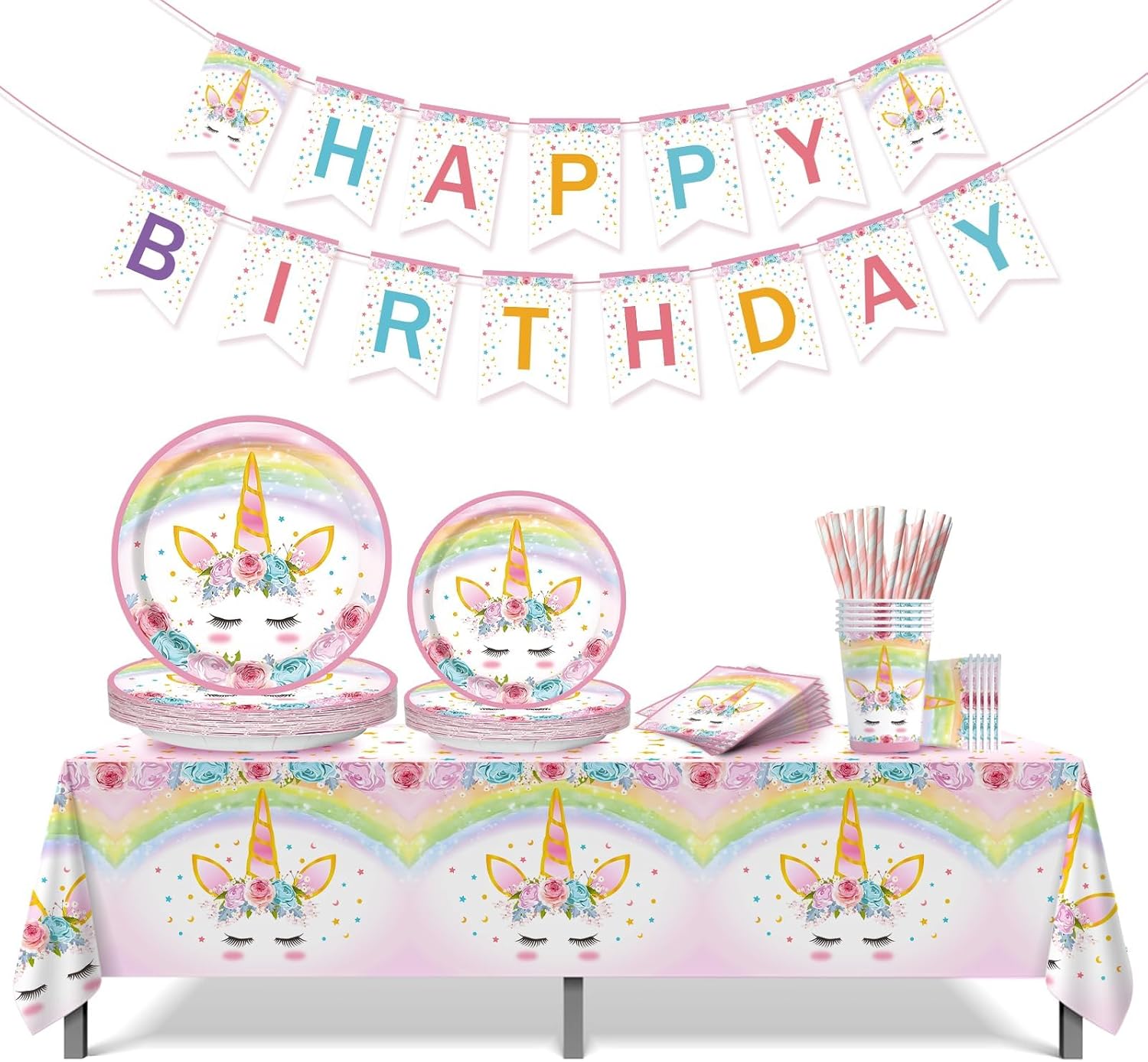 Unicorn Birthday Decorations for Girls - 82 Pcs Rainbow Unicorn Party Supplies include Disposable Tableware, Tablecloths and Banners, Pink Floral Birthday Party Decor Serves 16 - Image 9