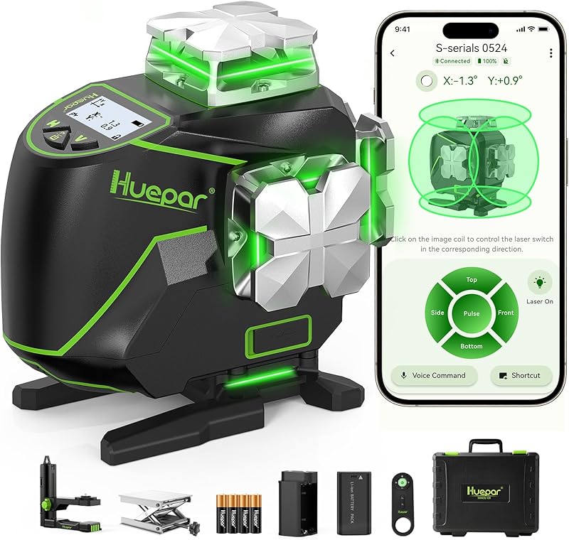 Niveaux Laser, Huepar S04CG Niveau Laser Auto-Nivelant Écran LCD, Bluetooth Faisceau Vert Ligne Croi