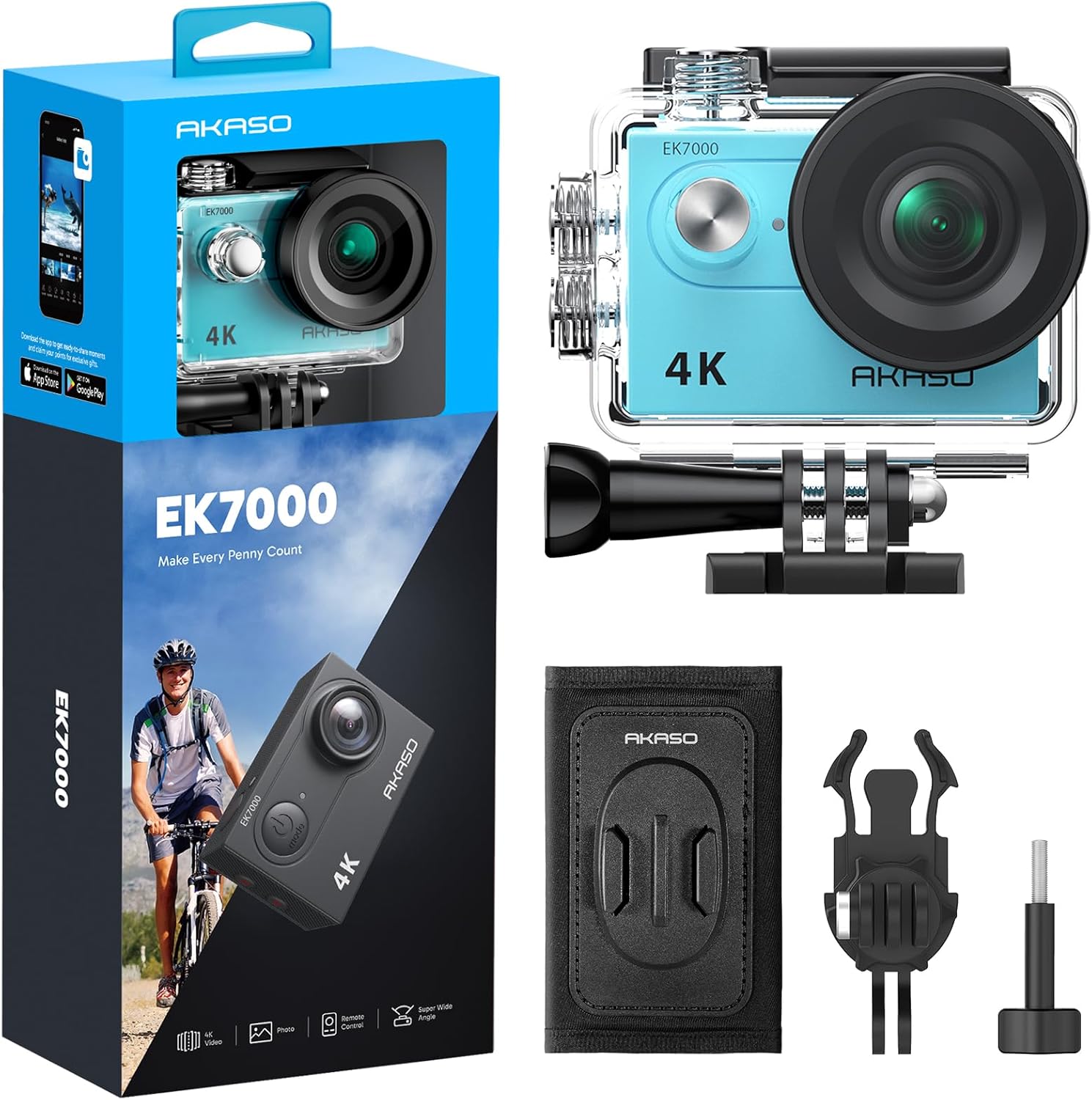 AKASO EK7000 Action Camera and Quick Release Backpack Shoulder Strap Mount Accessories Kit Bundle