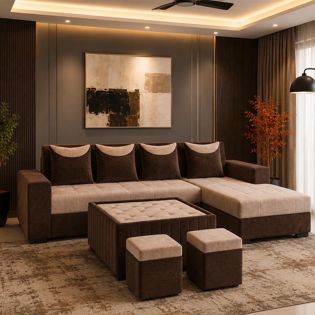 Alvaro Interio 8 Seater RHS L Shape Fabric Sofa Set with Centre Table & 2 Ottomans, Corner Sofa for Living Room, Comfortable Sectional Couch Furniture - Beige & Dark Brown-image-7