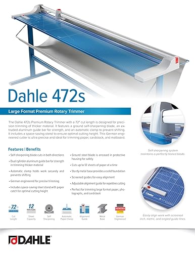 Miniatura 6 de Dahle 472s - Cortadora rotativa prémium con soporte, longitud de corte de 72 pulgadas, capacidad de 12 hojas, autoafilado, abrazadera automática,