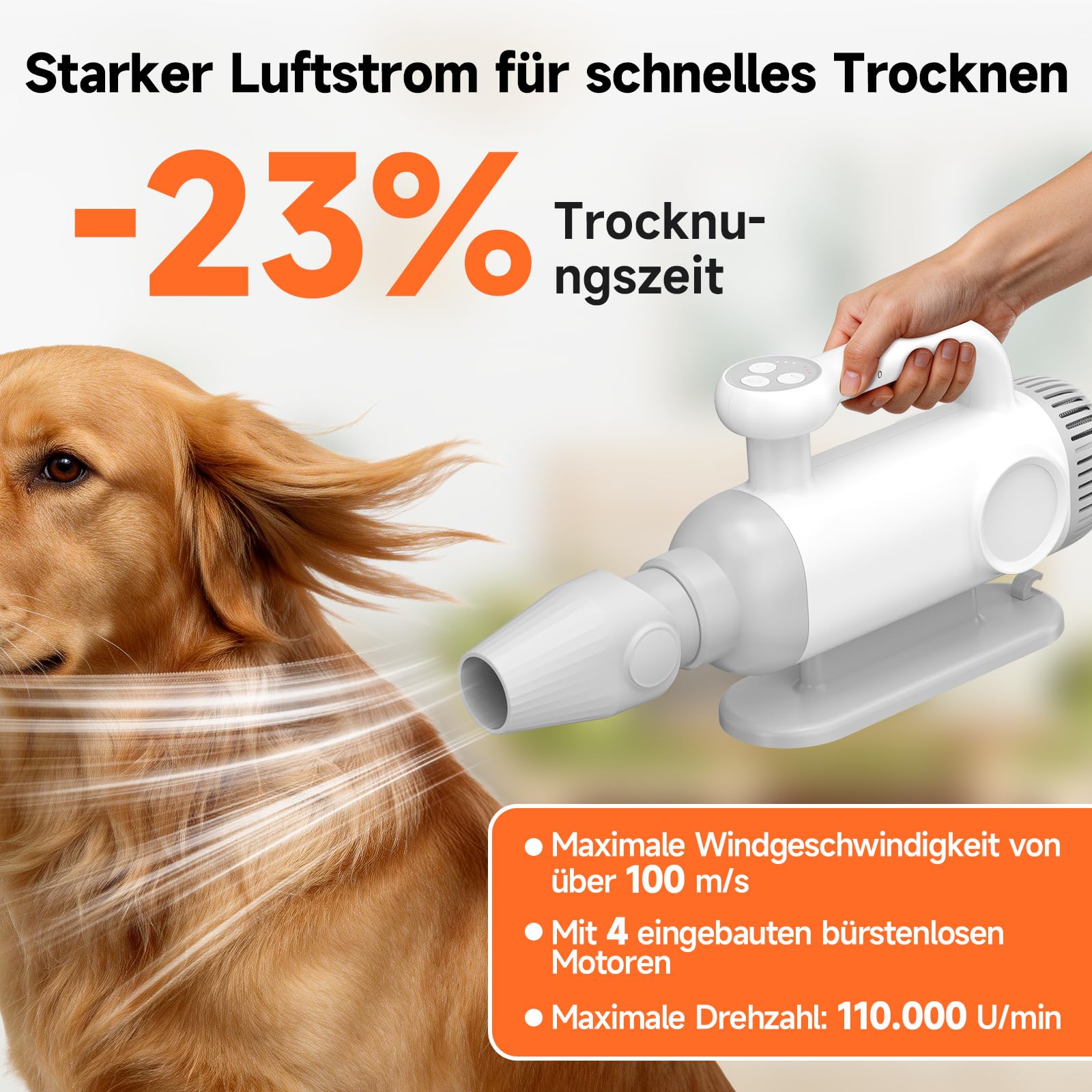 Hundeföhn 2200 W 100m/s mit Negativen Ionen