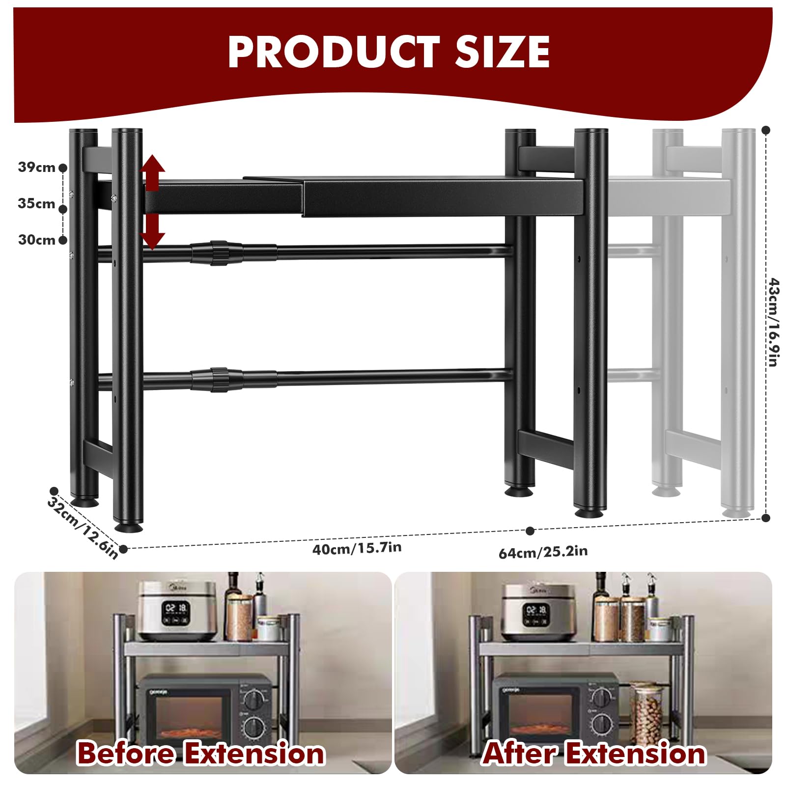 Mensola Microonde, Scaffale da Cucina Estensibile, Supporto Microonde Salvaspazio, Ripiano per Microonde con 6 Ganci 1 Porta Utensili da Cucina, Mobiletto Cucina Microonde Nero