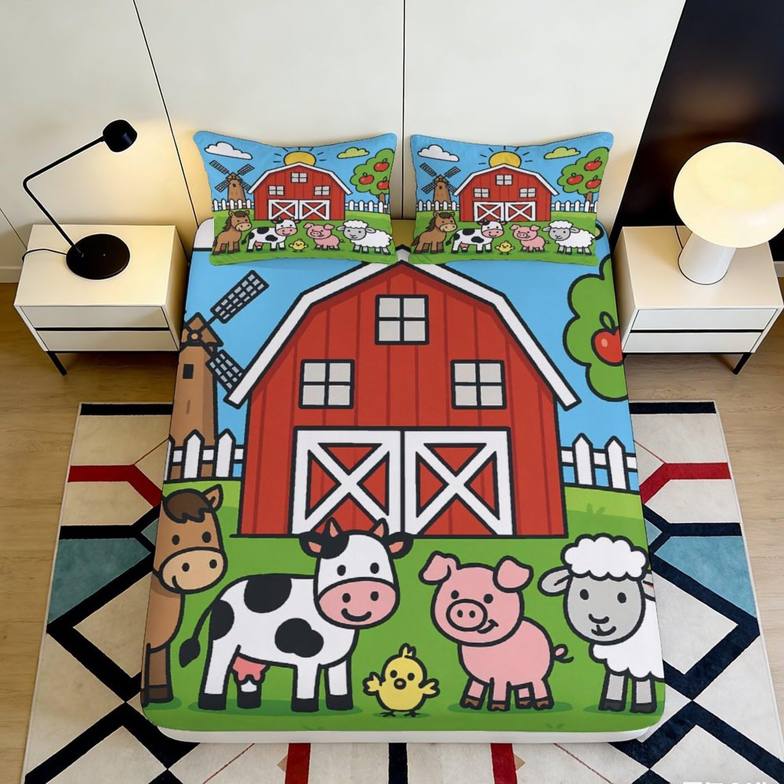 3D Printed Farm Animal Fitted Sheet Microfiber Deep Pocket Bedroom Bedding Washable Farm Mattress Fitted Cover for Adults 120x200x25cm
