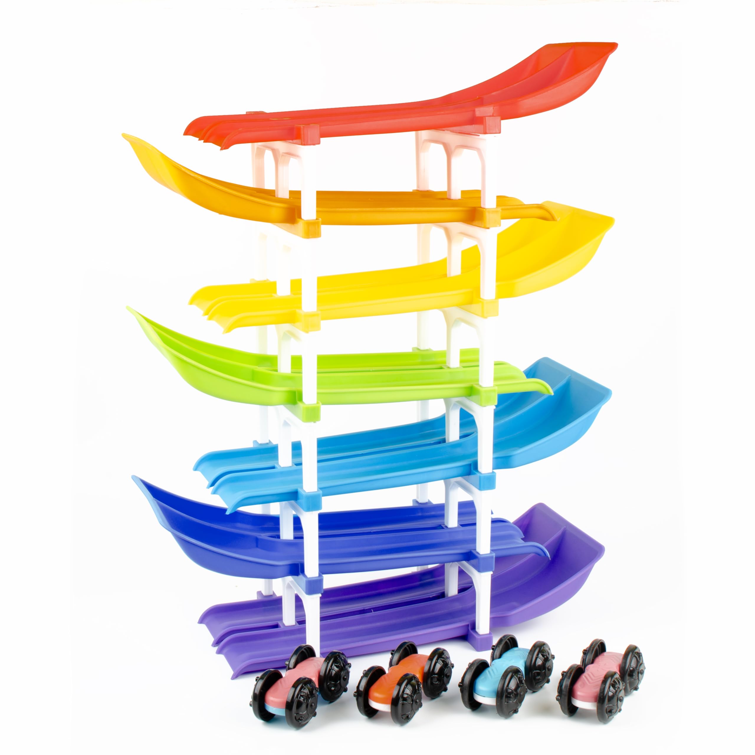 TOY FUN Dual Car Ramp Racer Track Set with 7 Tracks and 4 Cars, Rainbow Colour, Racer Valley Senior for Ages 3+