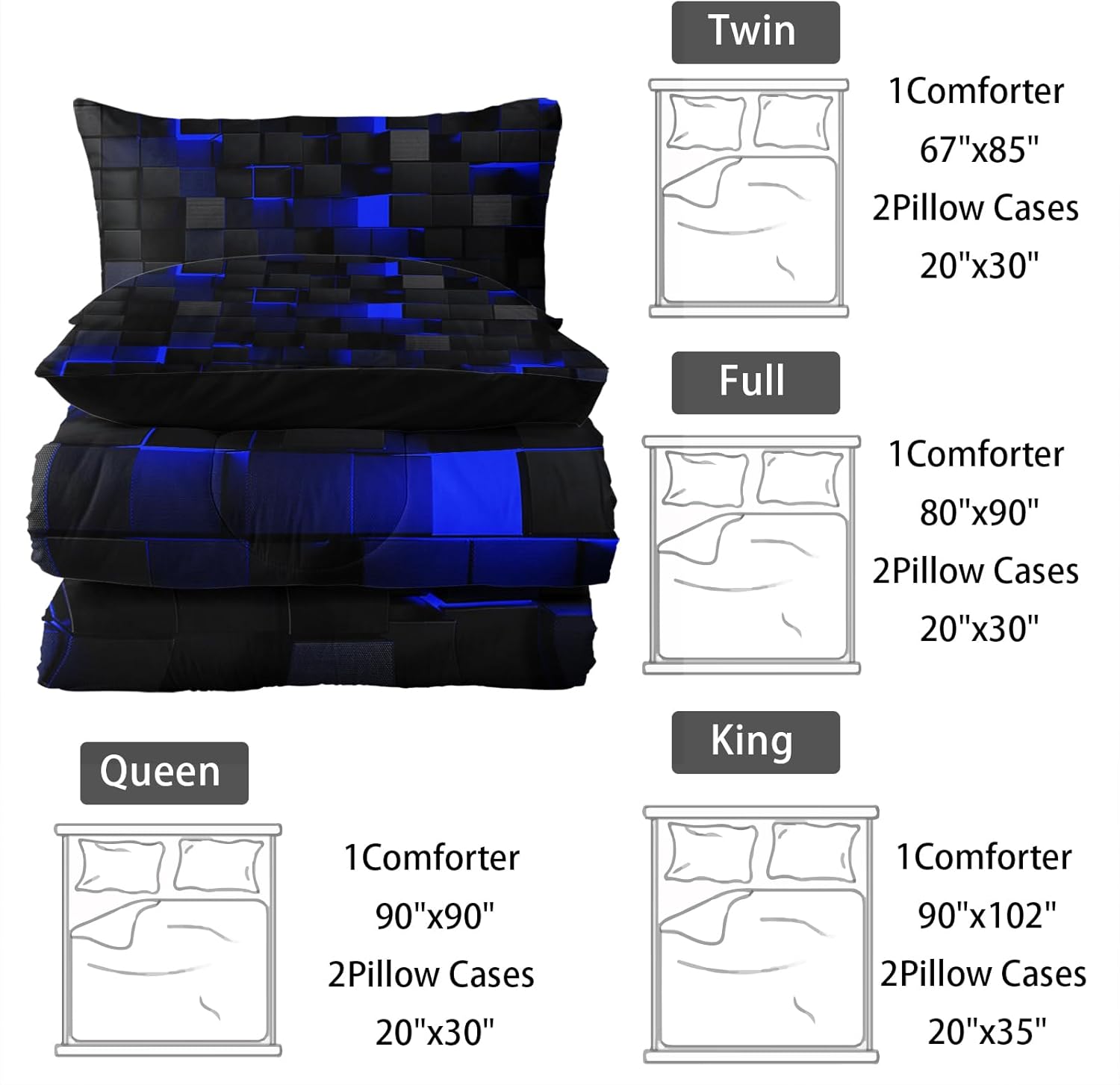 Neon Blue Black Comforter Set Queen Geometric Kids Bedding Set,3 PCS Geometry Honeycomb Bed Set Modern Quilt Set 1 Comforter 2 Pillow Cases Cool Room Decor All Season B-Side Black - Image 7