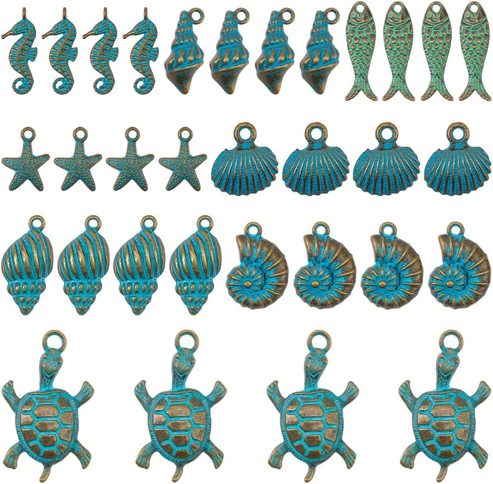 SUNNYCLUE 1 Box 32Pcs 8 Styles Conch Shell Charm Seahorse Charms Bulk Metal Antique Bronze Turquoise Ocean Animal Starfish Fish Sea Turtle Pendants for Jewelry Making Necklace Bracelet Earring Crafts - Image 7
