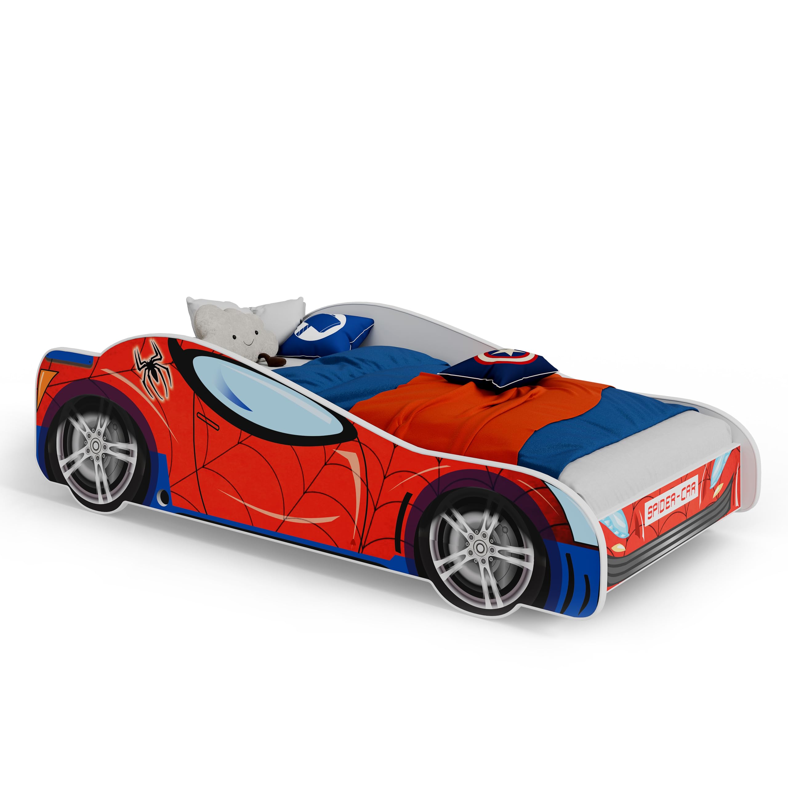 Lit Enfant Voiture Spider-Man KOBI 80x160cm | Avec Matelas Et Barrière De Sécurité