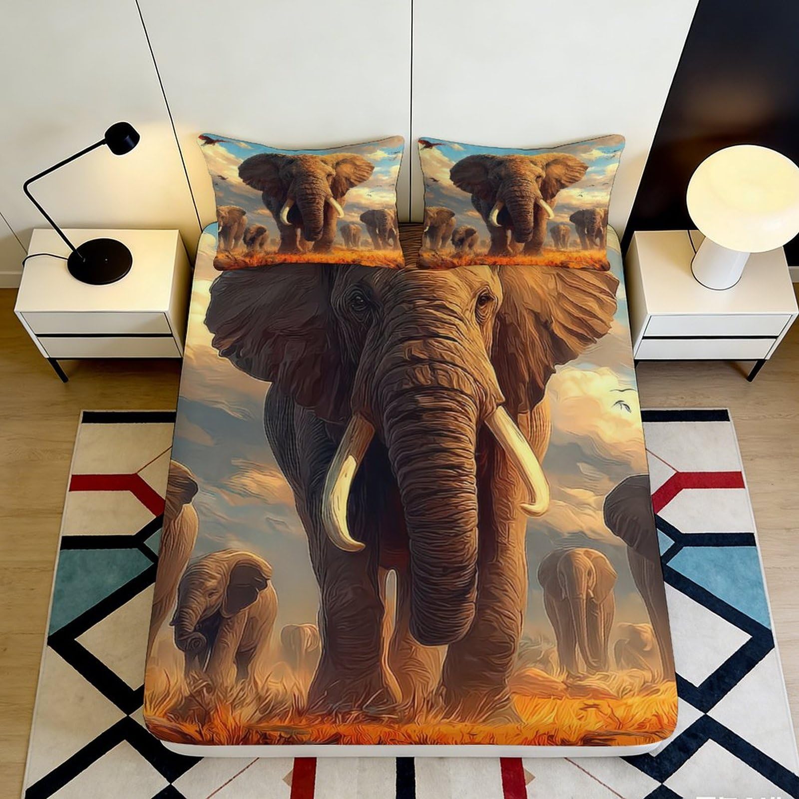 3D Printed Majestic Elephant Fitted Sheet Microfiber Non-Slip Savannah Herd Mattress Cover Bedroom Decor Easy Care 90x200x25cm