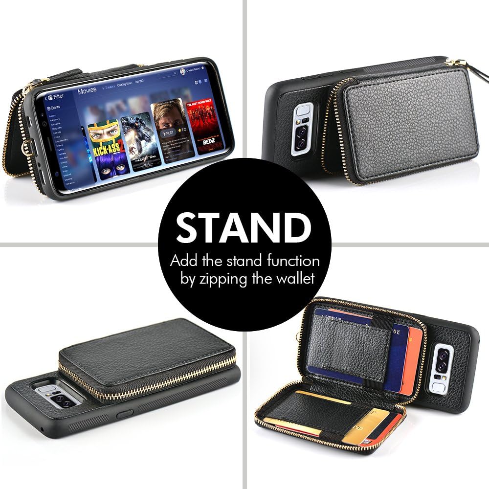 Samsung Galaxy Note 8 Wallet case, 6.3 inch,ZVE Leather Wallet Case with Credit Card Holder Slot Zipper Wallet Pocket Purse Handbag Wrist Strap Protective Cover for Samsung Galaxy Note 8 - Black
