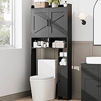Homhedy Black Over-the-Toilet Storage Cabinet with Barn Doors & Toilet Paper Holder - Freestanding Bathroom Space Saver, Adjustable Shelves