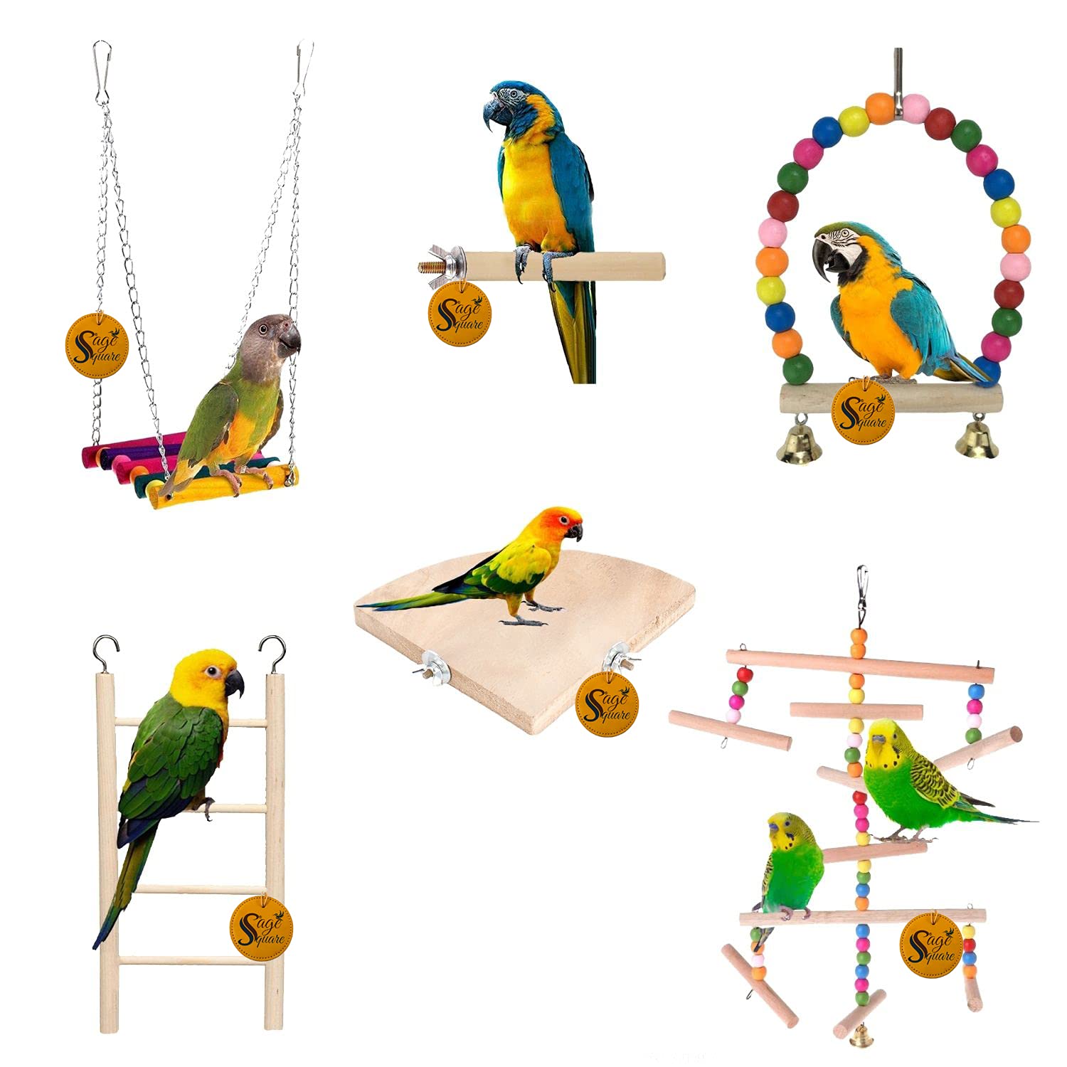 Sage Square Wooden Bird Toys Combo | Ladder, Perch, Platform, Swing, Hanging Cage Accessory | for Budgie, Parrot, Cockatiel, Parakeet, Conure, Macaw etc (B092PXWWBK) Amazon Price History, Amazon Price Tracker