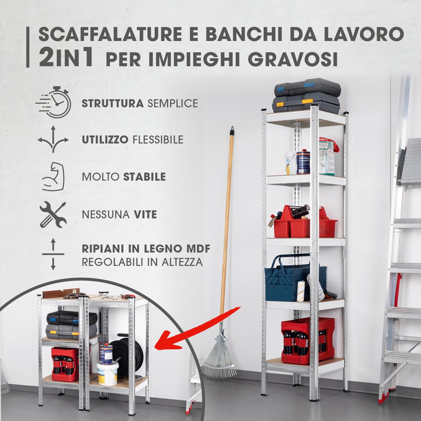 EASYmaxx Scaffale per carichi pesanti, 40 x 40 x 180 cm, portata 875 kg, 175 kg per livello, scaffale e banco da lavoro, scaffale per cantina, garage, sala hobby, officina, 13584