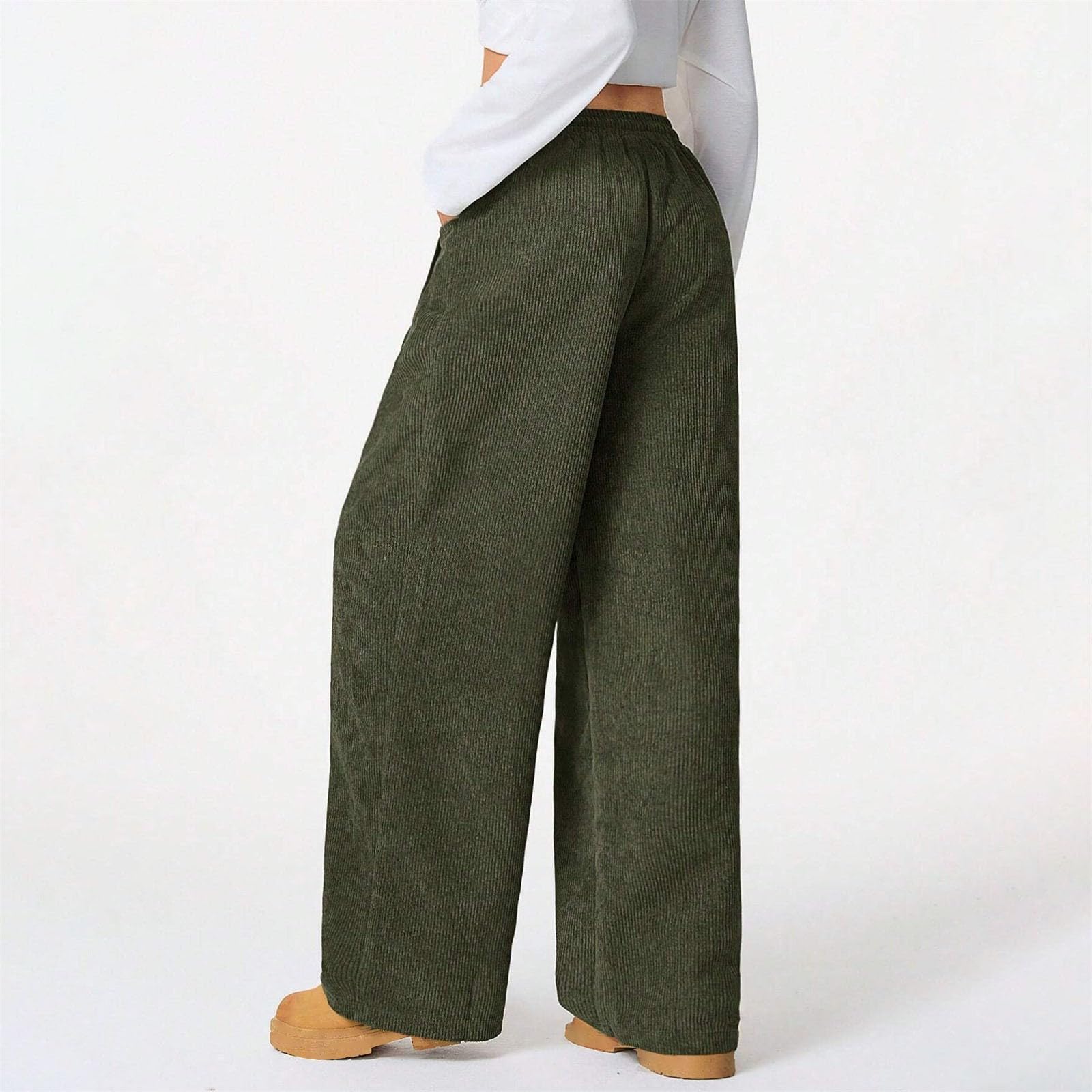 Generisch Pantaloni in velluto a coste da donna, a gamba larga, con elastico in vita alta, larga, per il tempo libero, vestibilità comoda, da donna, in tessuto con elastico in vita e tasche, casual